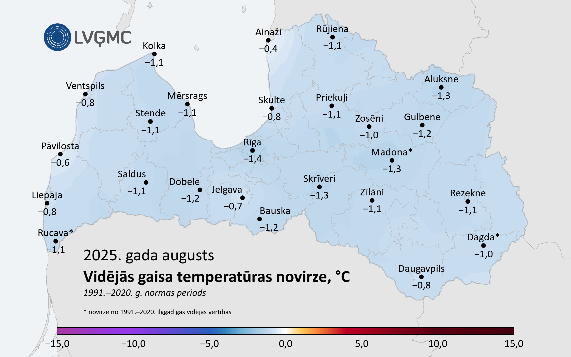 Vidējās gaisa temperatūras novirze no normas 2025. gada augustā, °C 