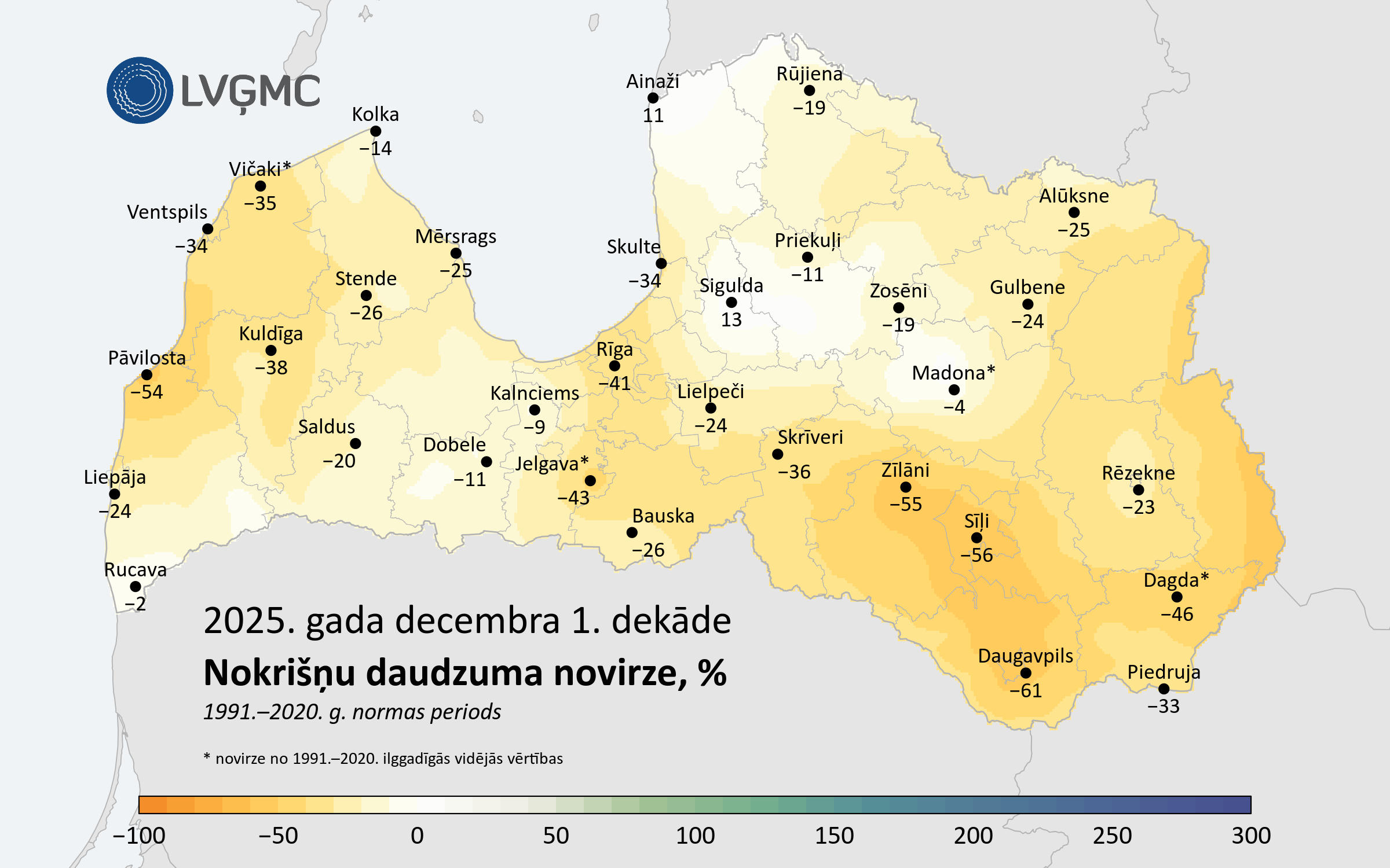 Nokrišņu daudzuma novirze no normas 2025. gada decembra 1. dekādē, %