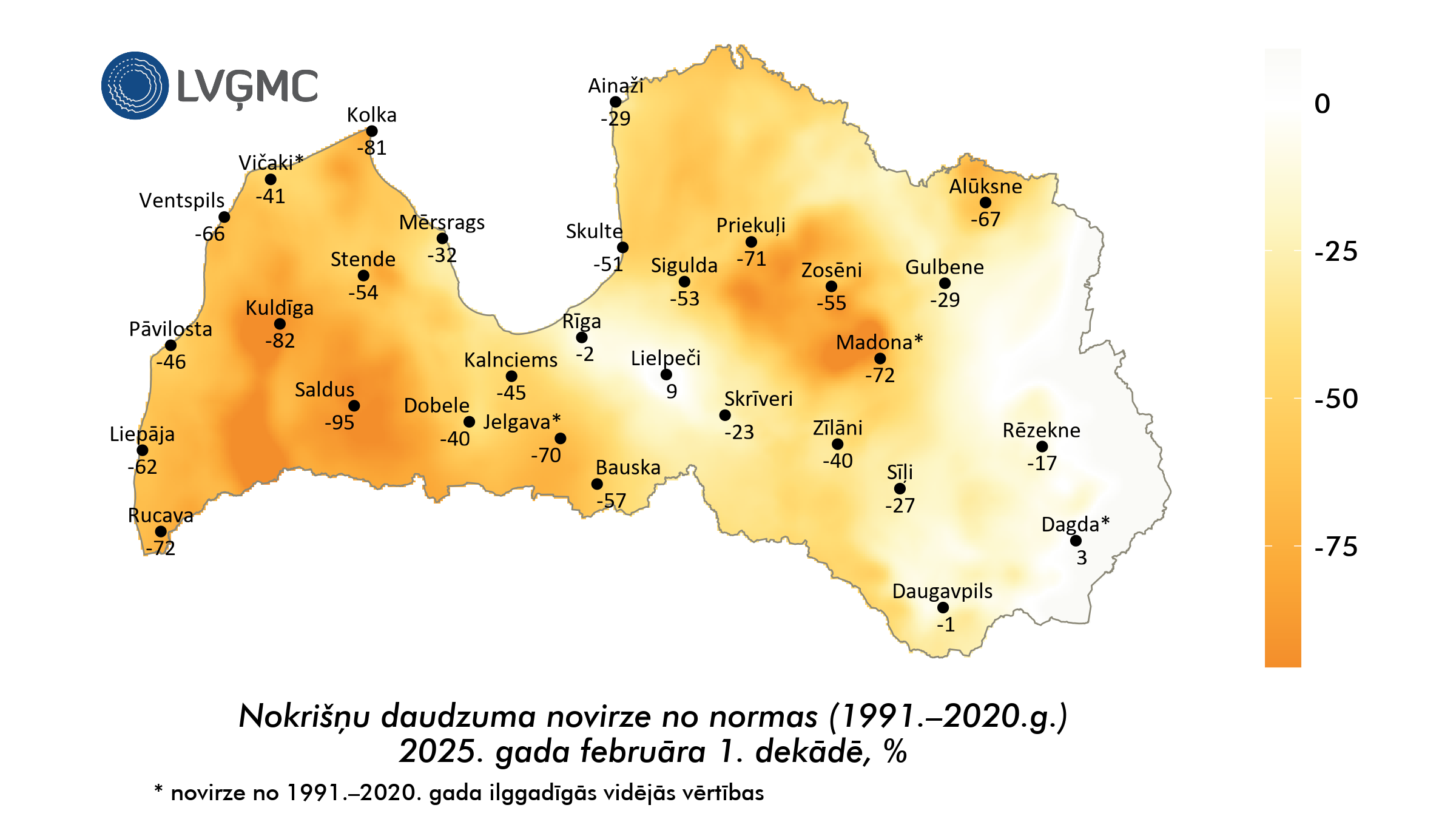 Nokrišņu daudzuma novirze no normas 2025. gada februāra 1. dekādē, %