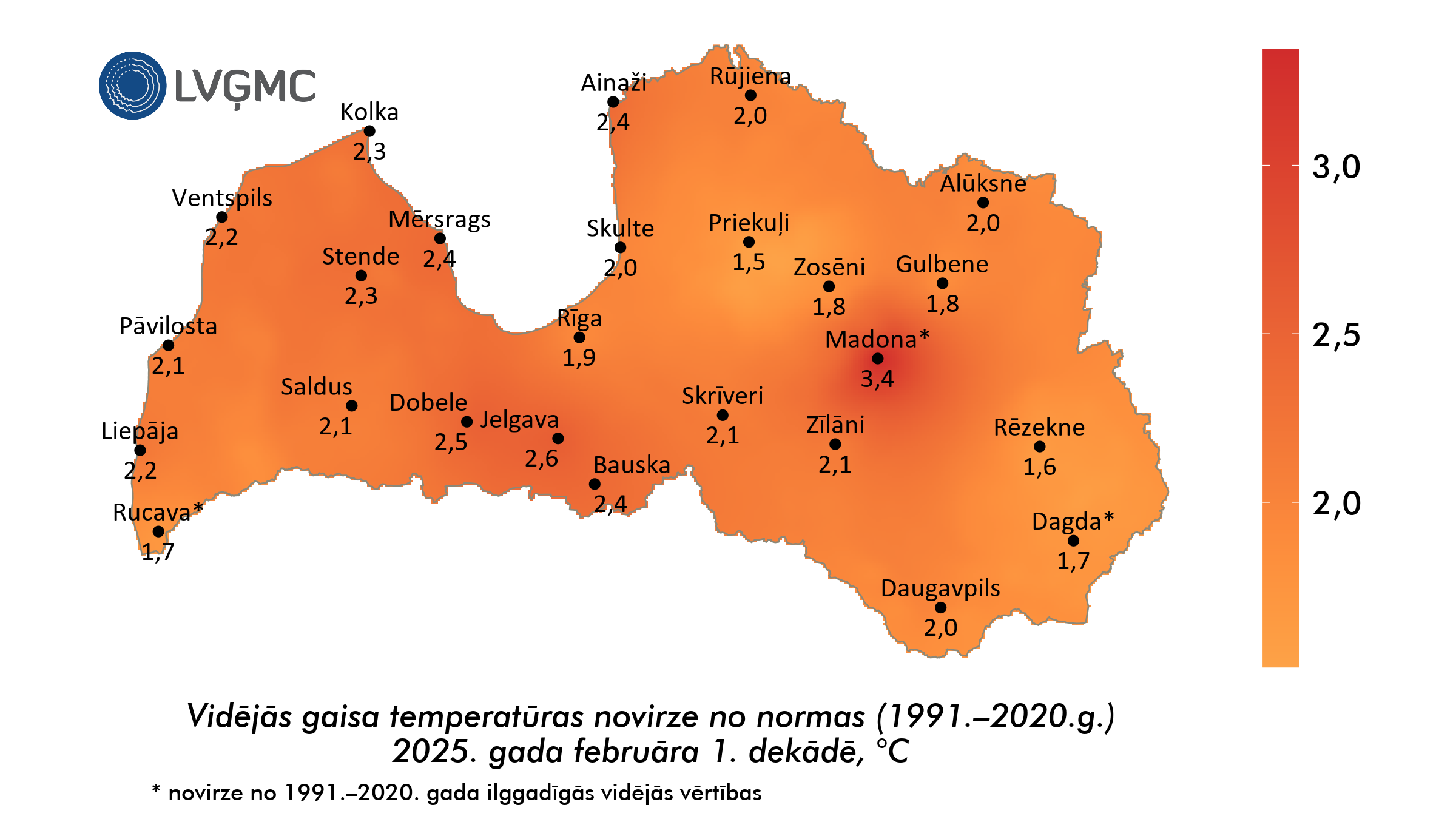 Vidējās gaisa temperatūras novirze no normas 2025. gada februāra 1. dekādē, °C 