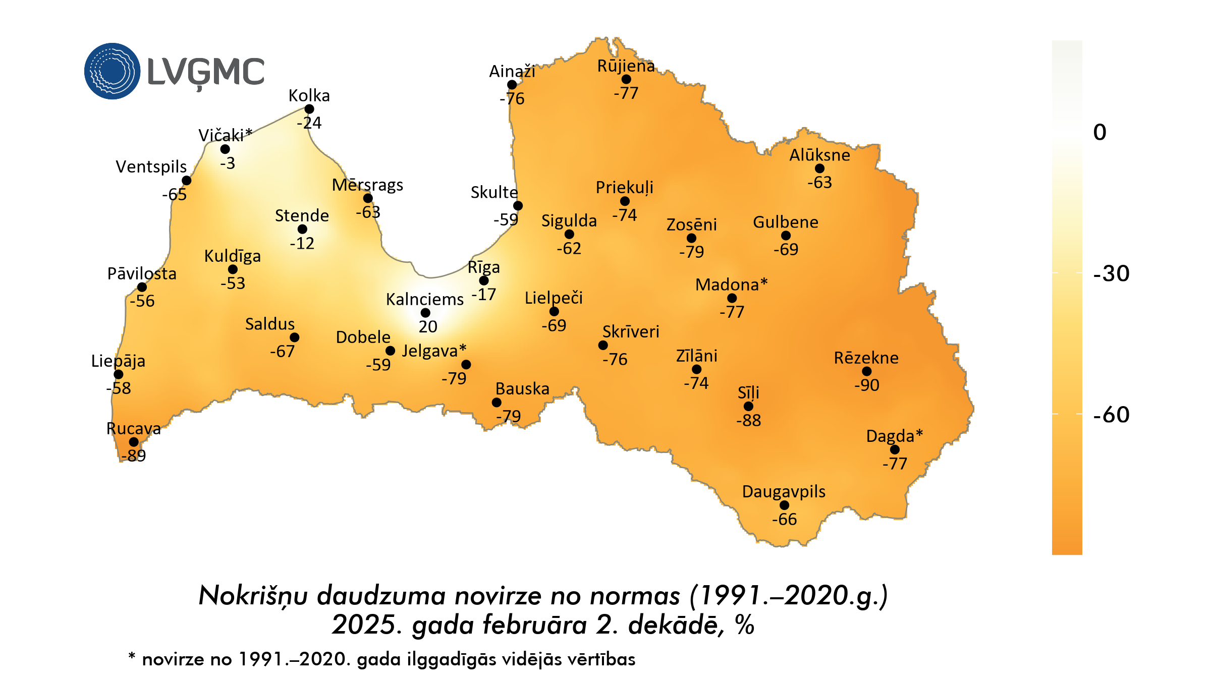 Nokrišņu daudzuma novirze no normas 2025. gada februāra 2. dekādē, %