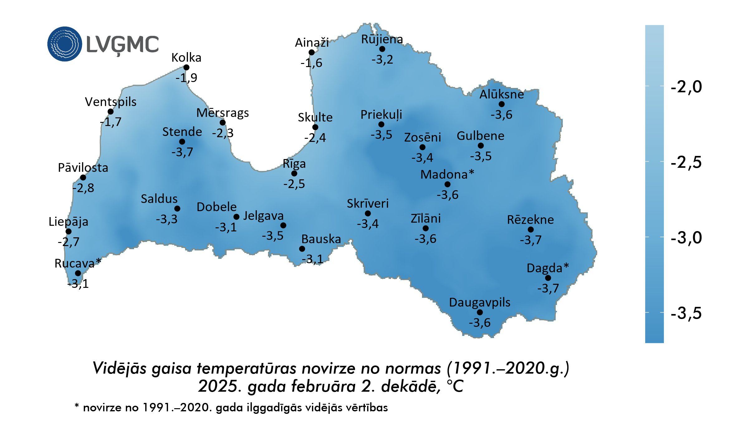 Vidējās gaisa temperatūras novirze no normas 2025. gada februāra 2. dekādē, °C 