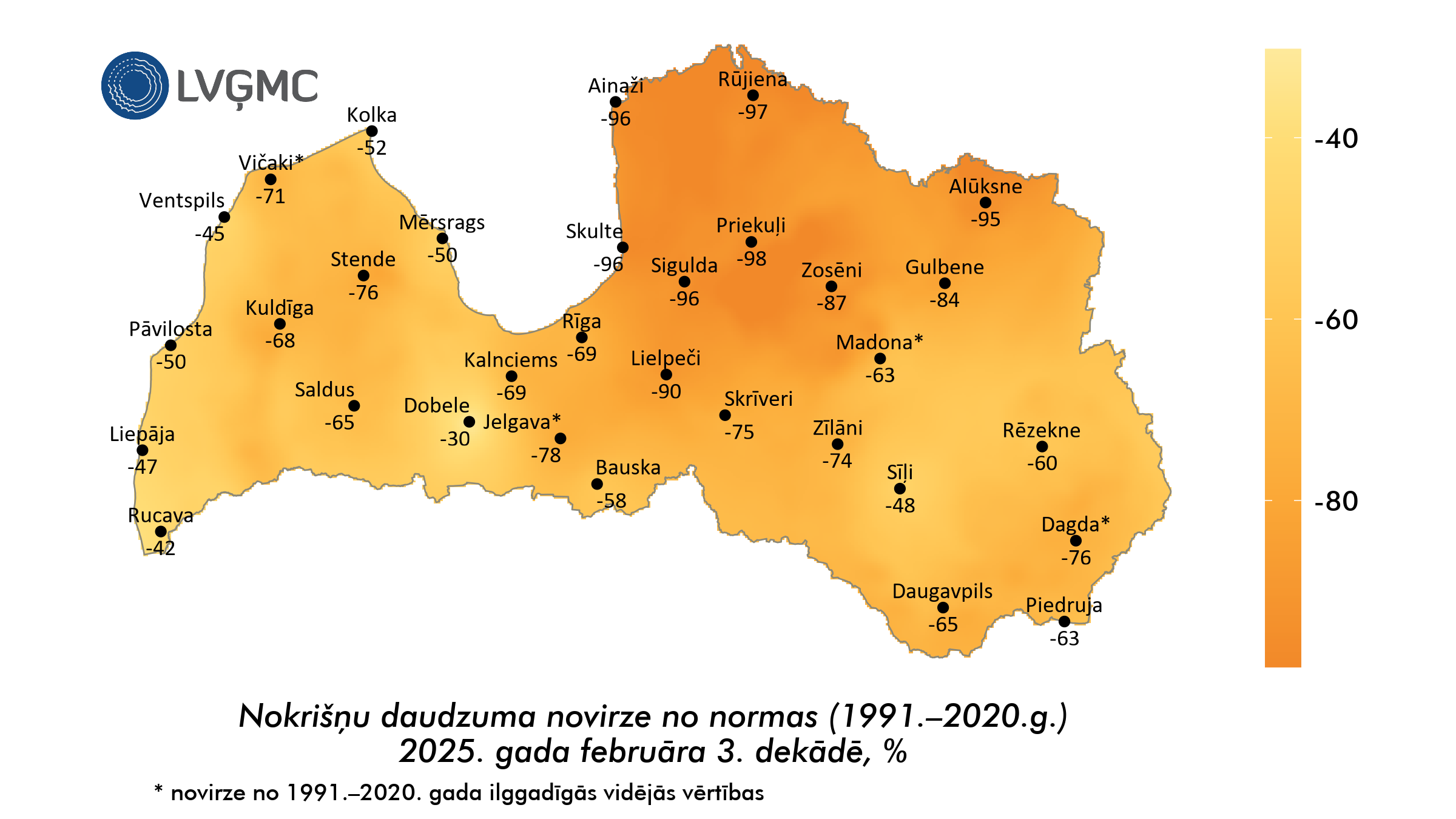 Nokrišņu daudzuma novirze no normas 2025. gada februāra 3. dekādē, %