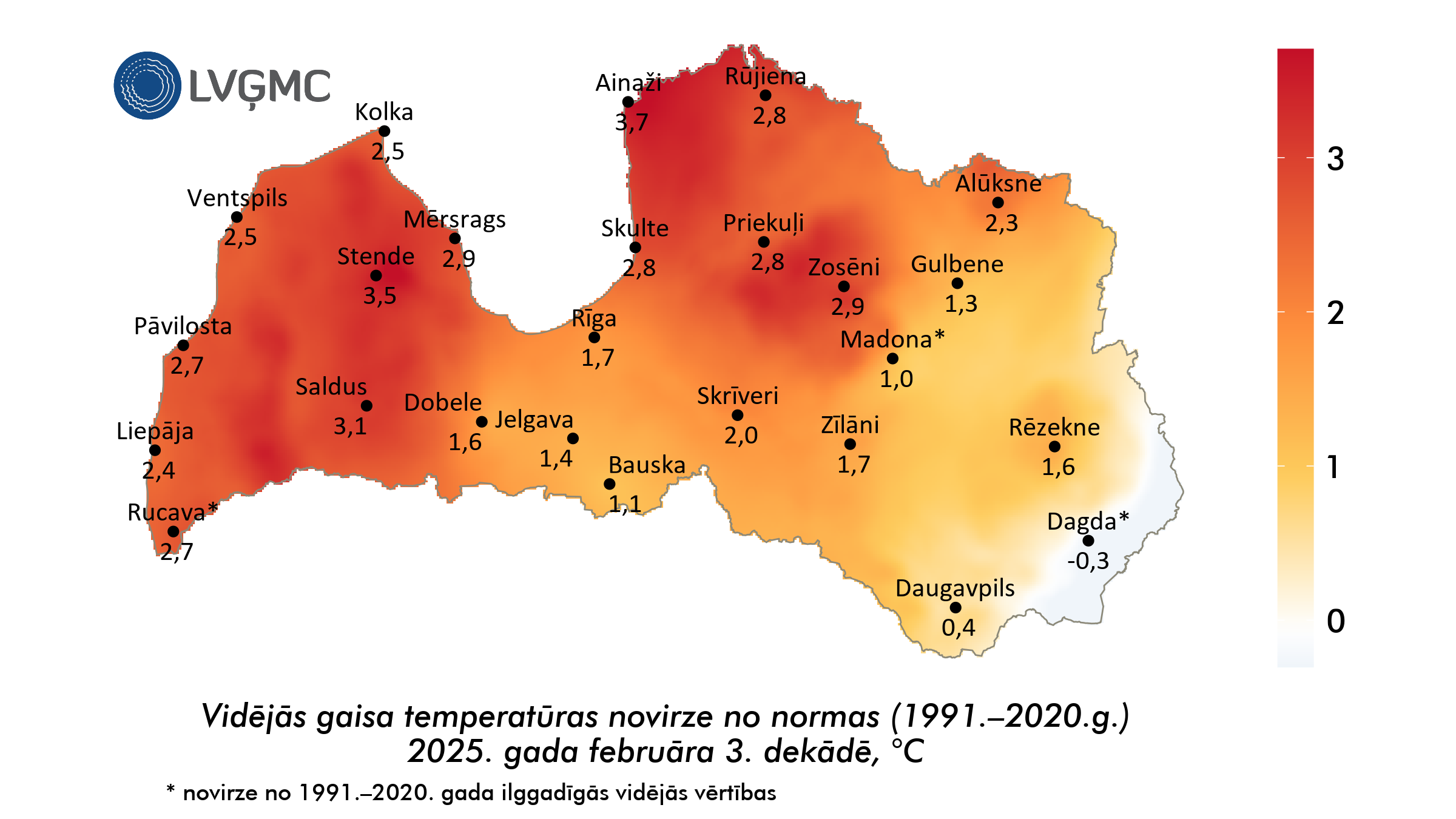 Vidējās gaisa temperatūras novirze no normas 2025. gada februāra 3. dekādē, °C 