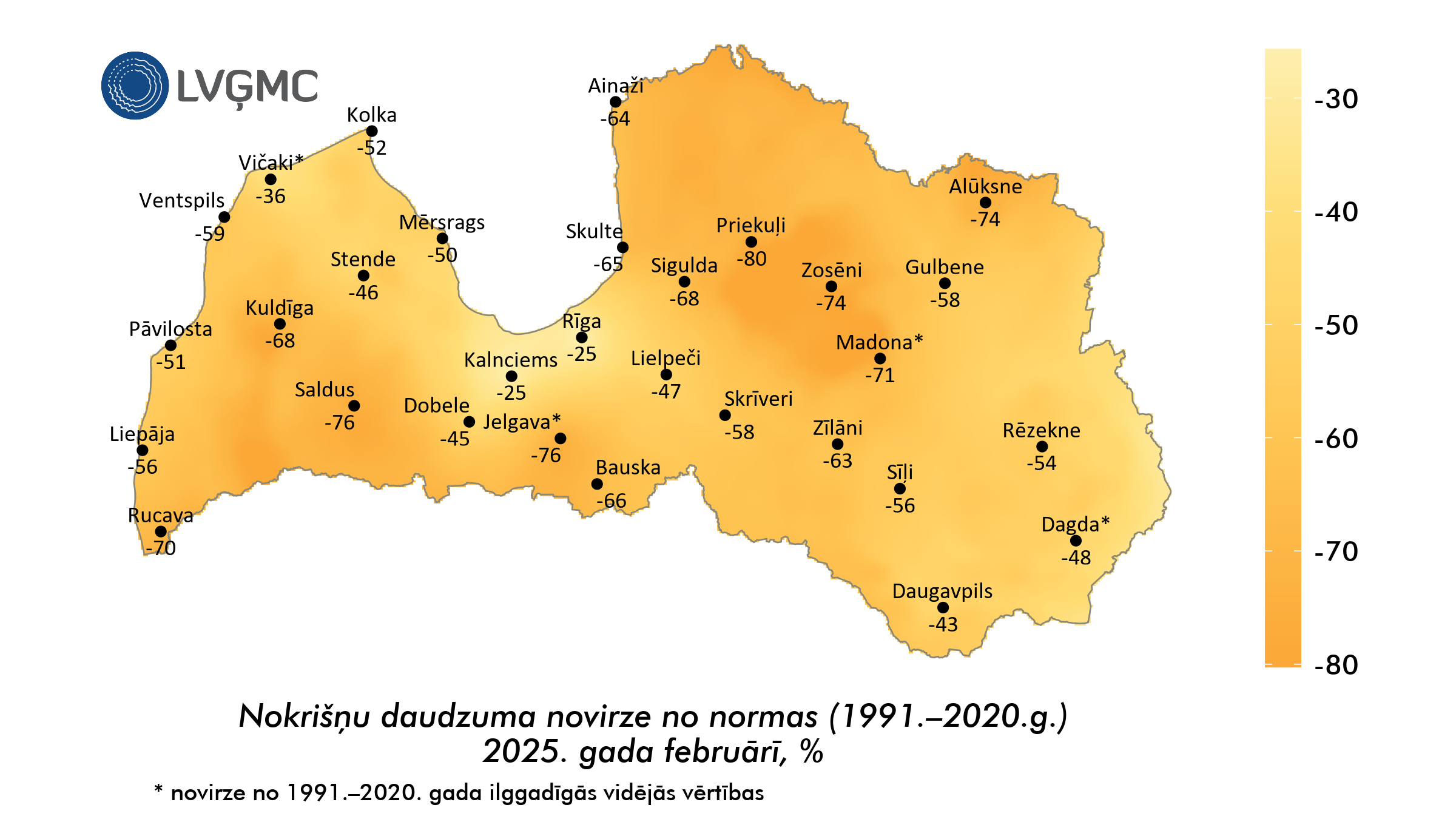 Nokrišņu daudzuma novirze no normas 2025. gada februārī, %