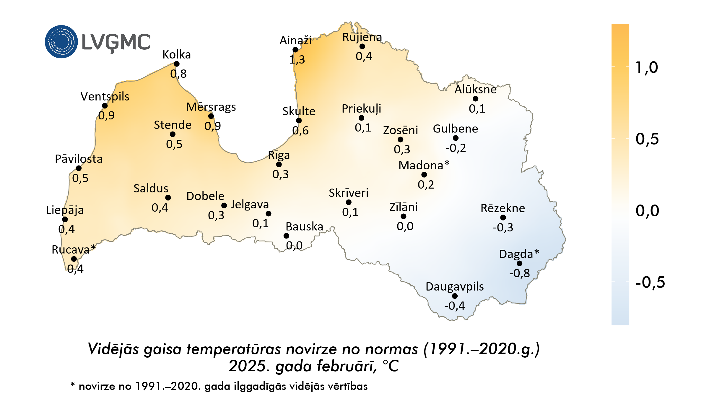 Vidējās gaisa temperatūras novirze no normas 2025. gada februārī, °C 