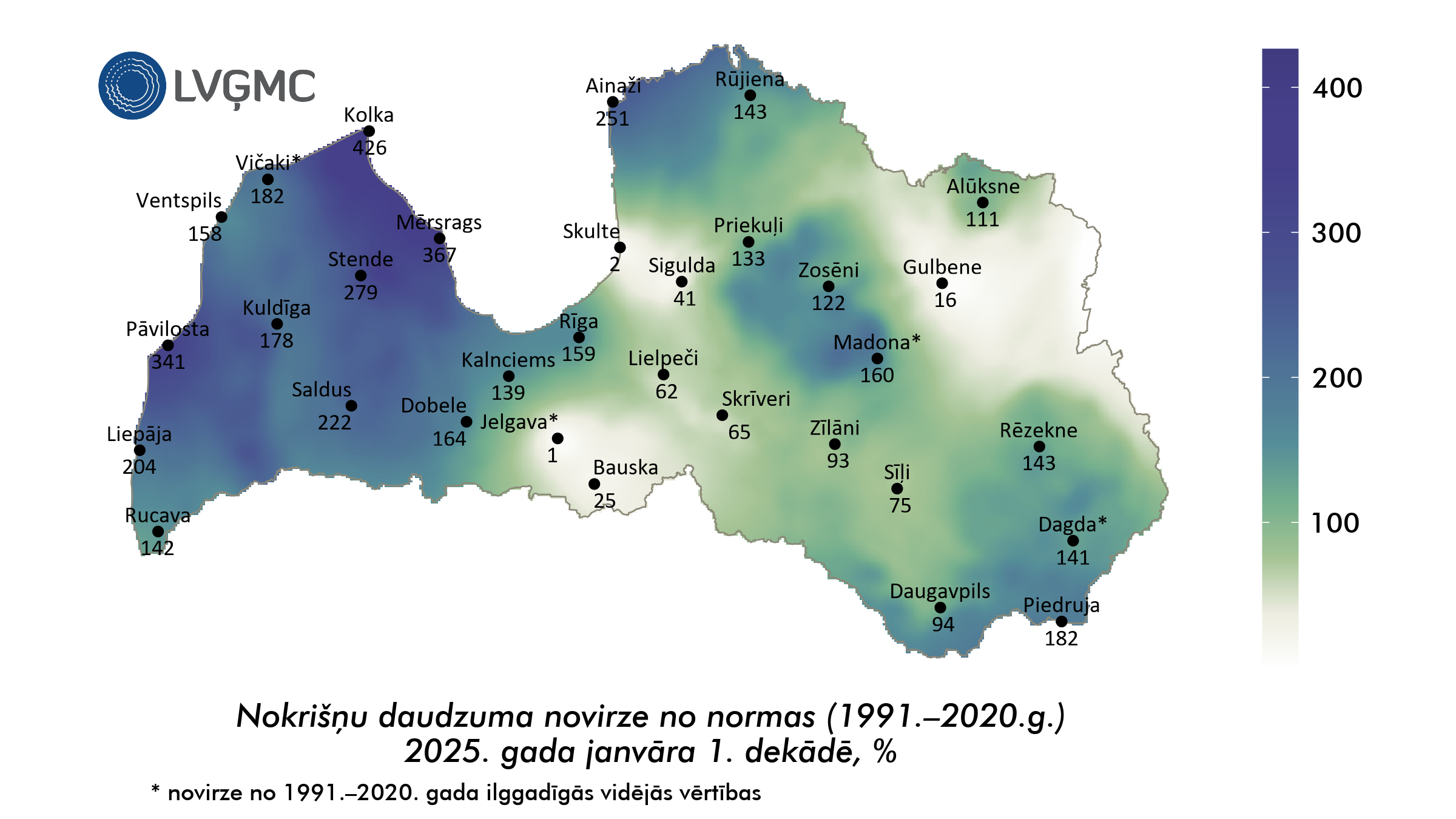 Nokrišņu daudzuma novirze no normas 2025. gada janvāra 1. dekādē, %