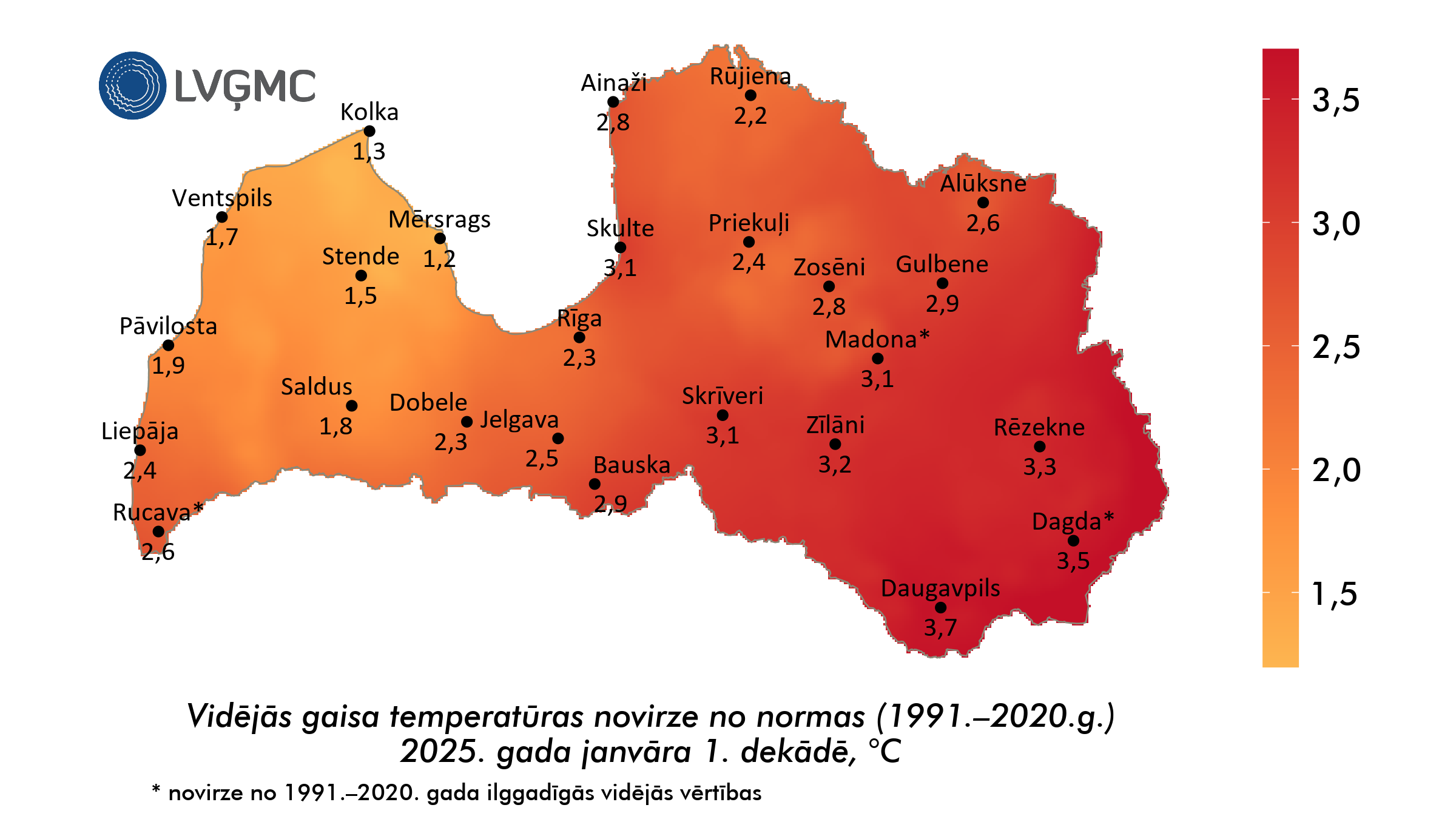 Vidējās gaisa temperatūras novirze no normas 2025. gada janvāra 1. dekādē, °C 