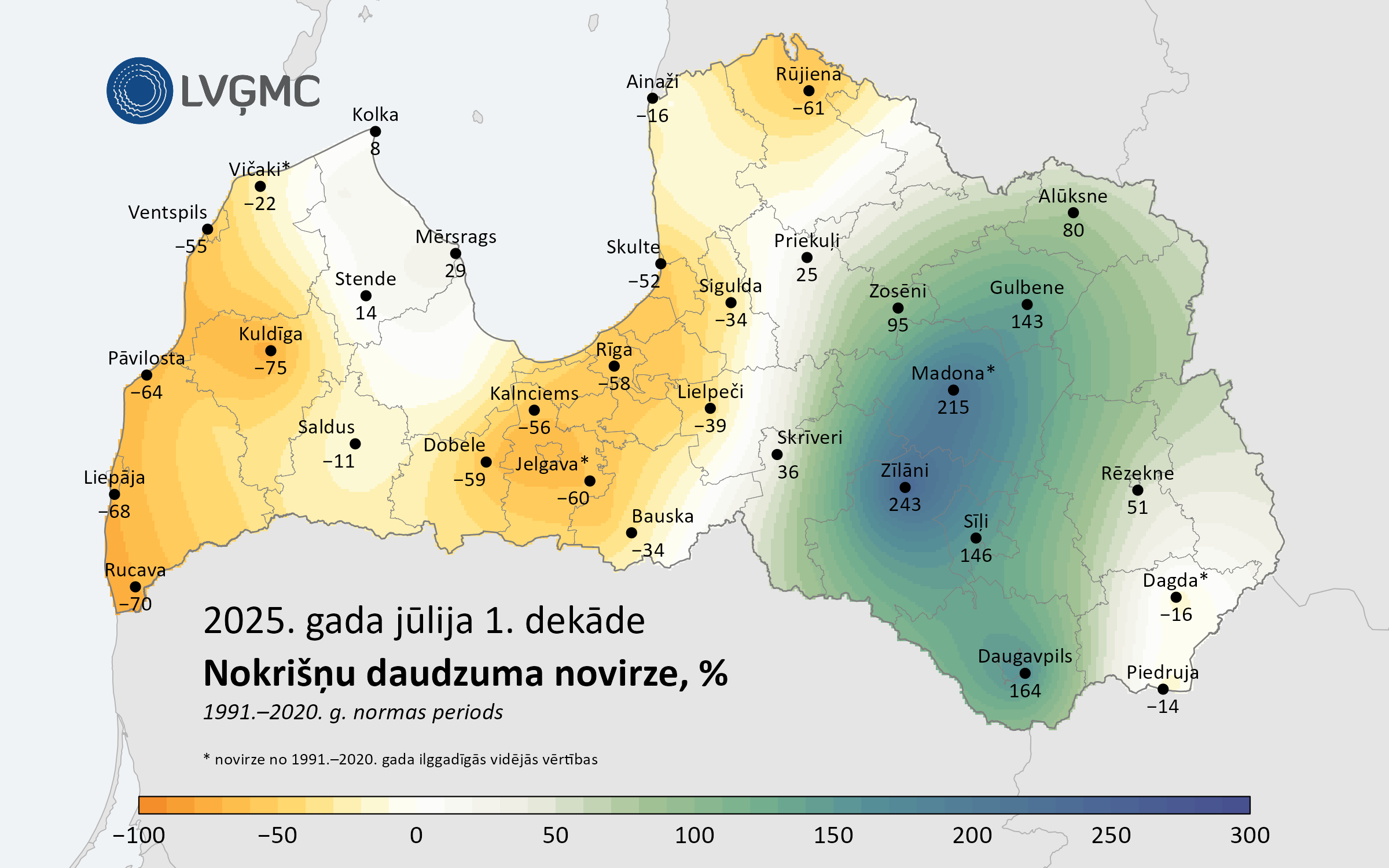 Nokrišņu daudzuma novirze no normas 2025. gada jūlija 1. dekādē, %