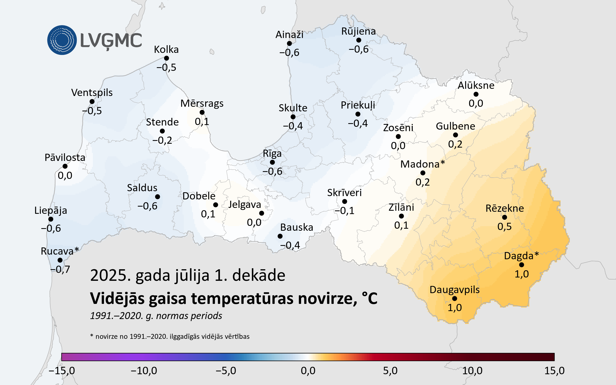 Vidējās gaisa temperatūras novirze no normas 2025. gada jūlija 1. dekādē, °C 