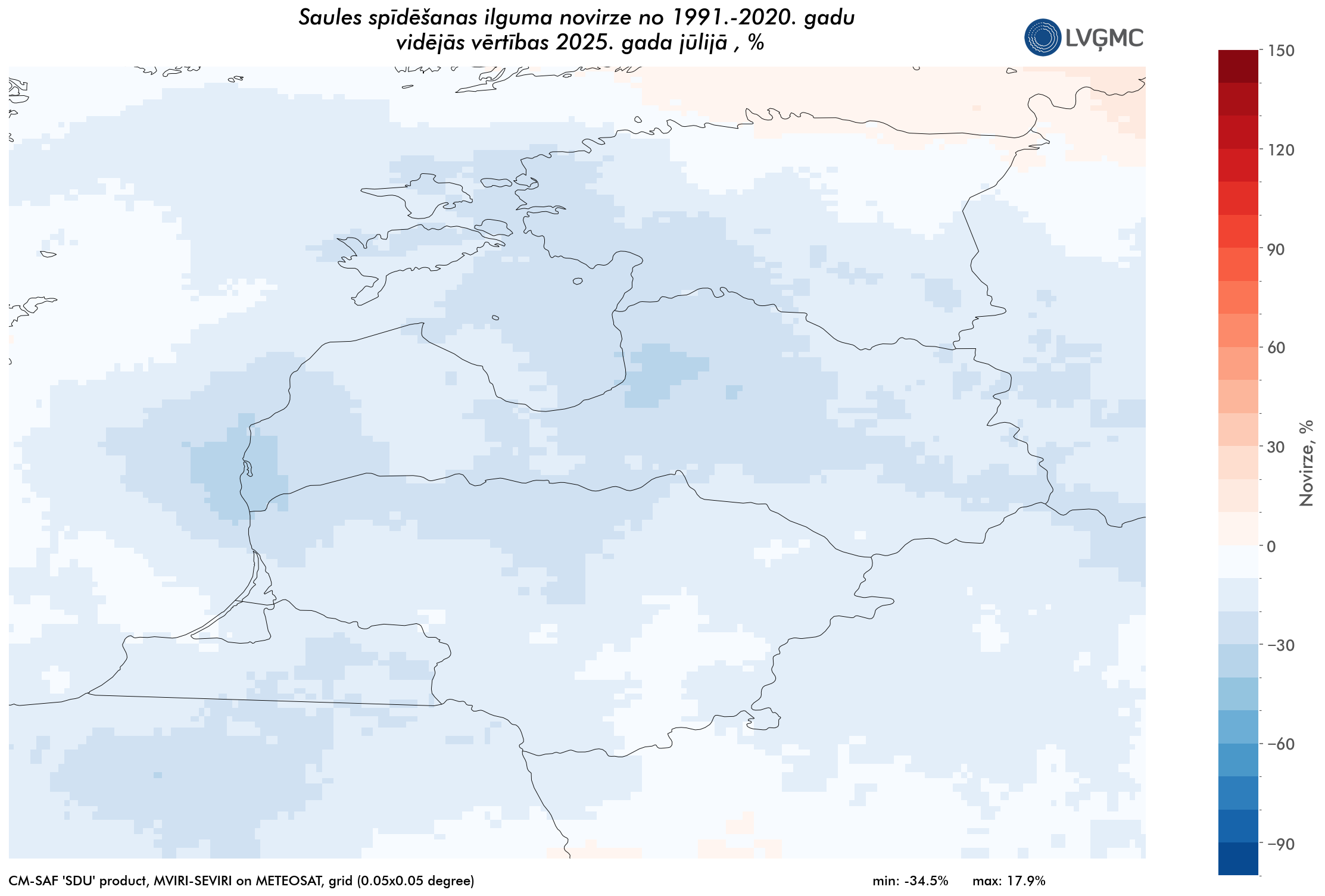 Saules spīdēšanas ilgums 2025. gada jūlijā