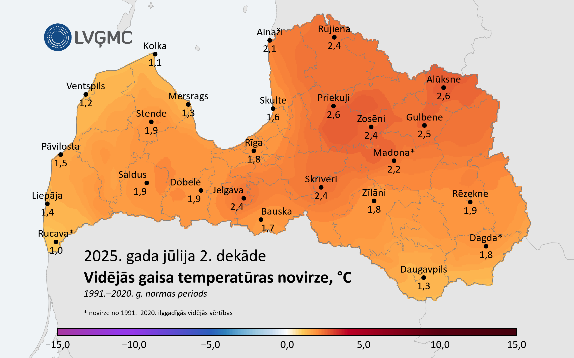 Vidējās gaisa temperatūras novirze no normas 2025. gada jūlija 2. dekādē, °C 
