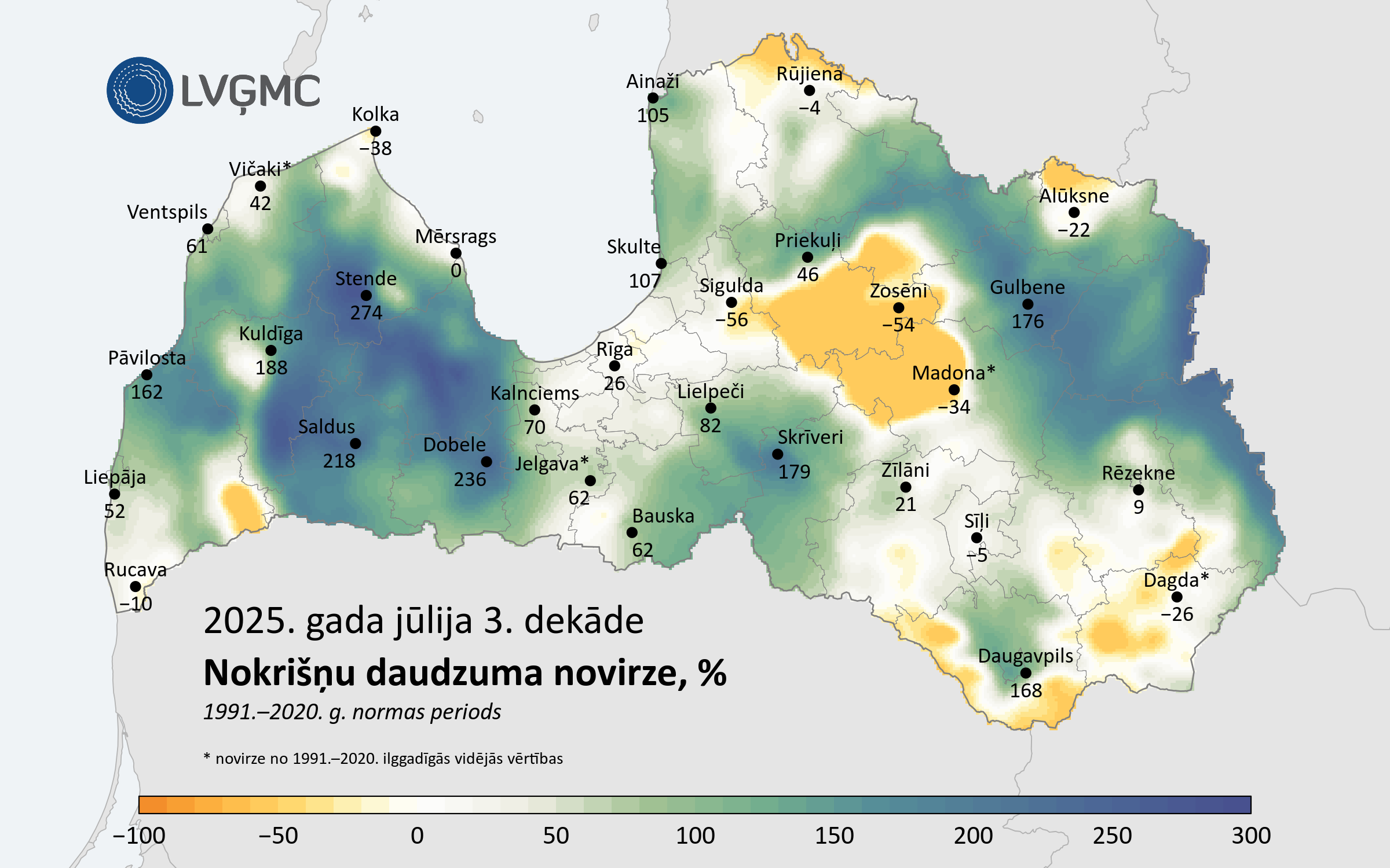 Nokrišņu daudzuma novirze no normas 2025. gada jūlija 3. dekādē, %