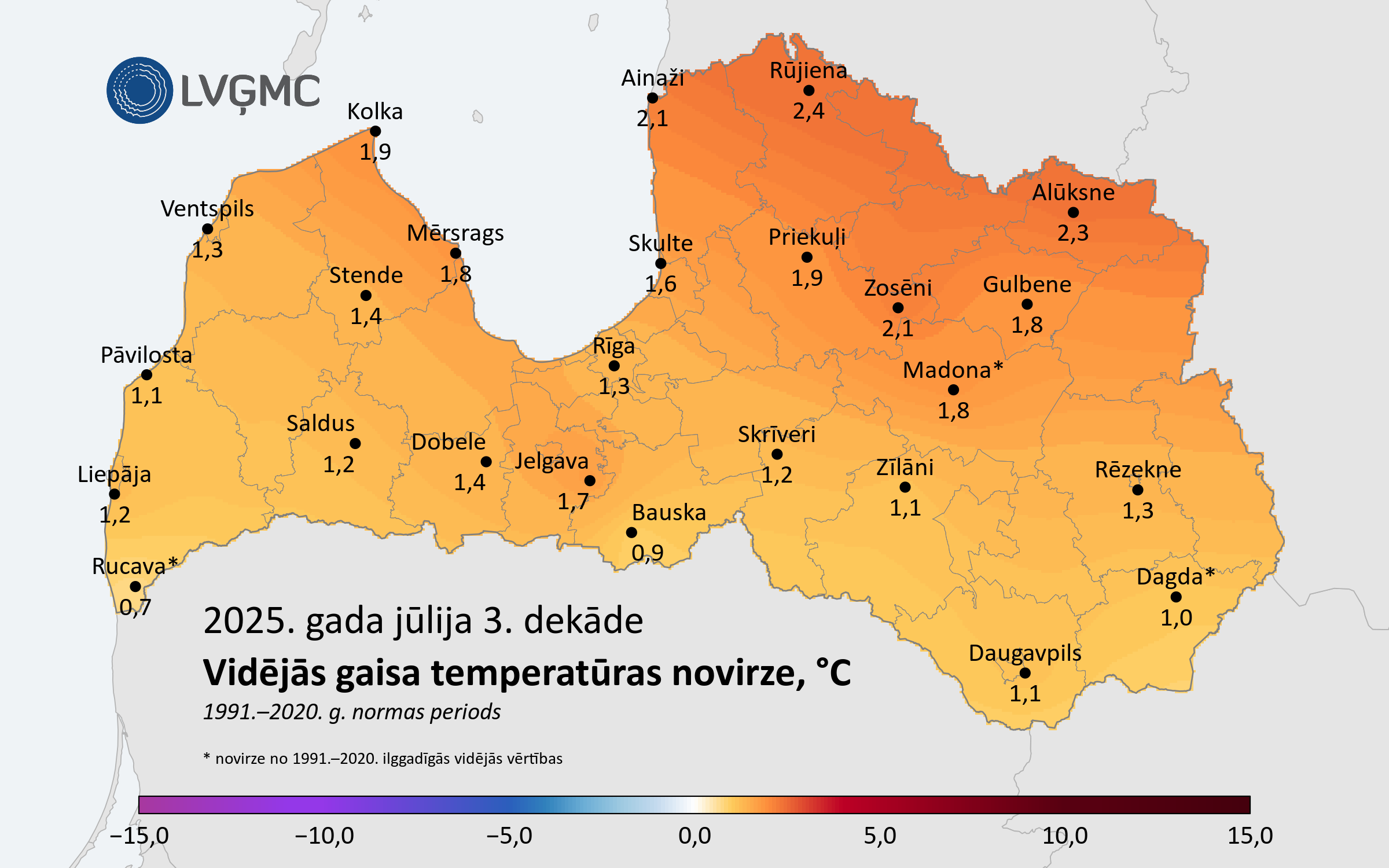 Vidējās gaisa temperatūras novirze no normas 2025. gada jūlija 3. dekādē, °C 