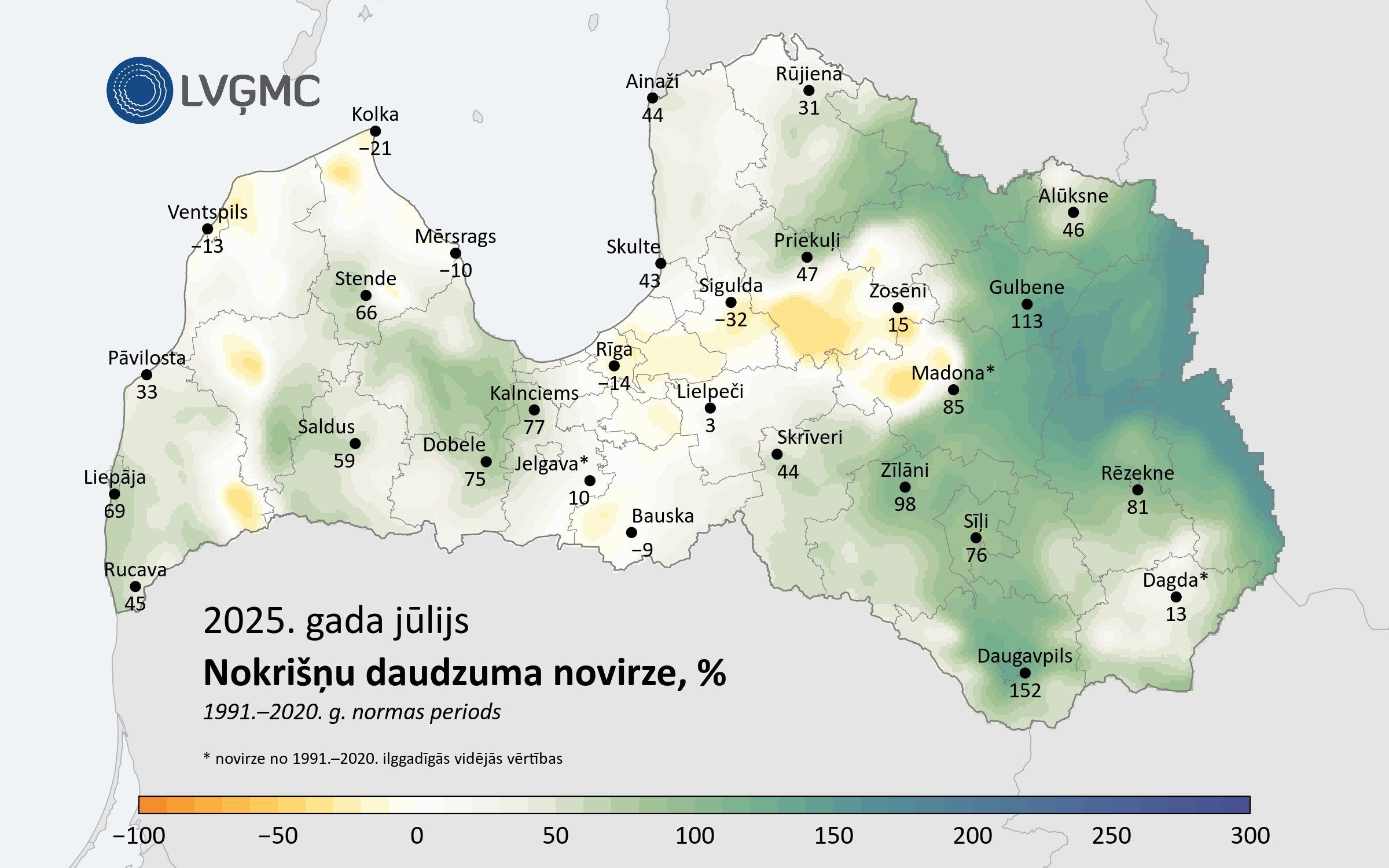 Nokrišņu daudzuma novirze no normas 2025. gada jūlijā, %