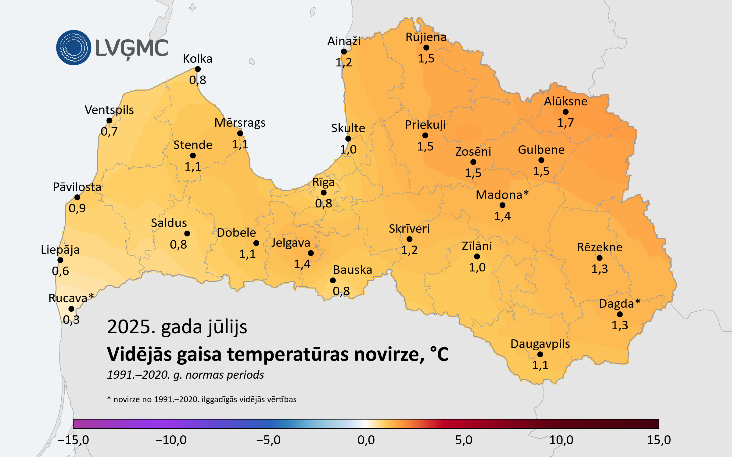 Vidējās gaisa temperatūras novirze no normas 2025. gada jūlijā, °C 