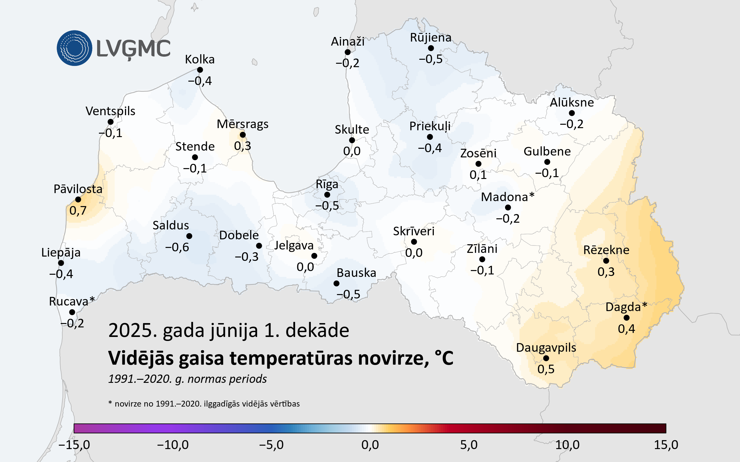 Vidējās gaisa temperatūras novirze no normas 2025. gada jūnija 1. dekādē, °C 