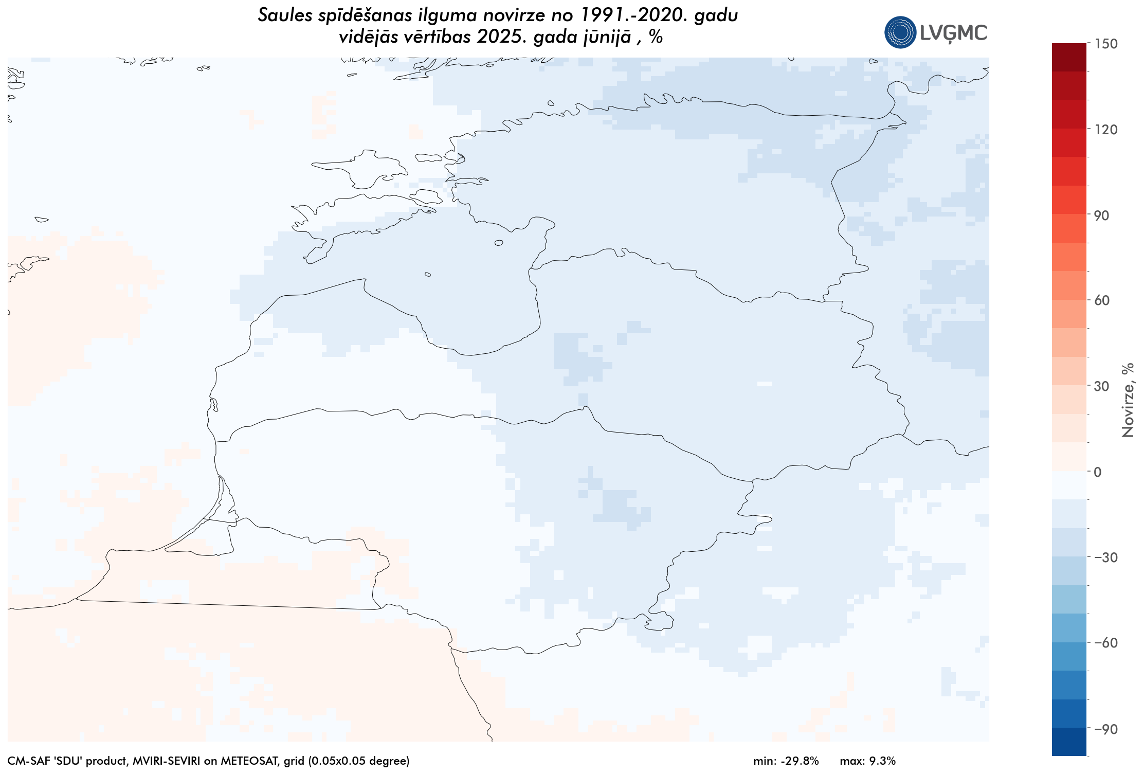 Saules spīdēšanas ilgums 2025. gada jūnijā