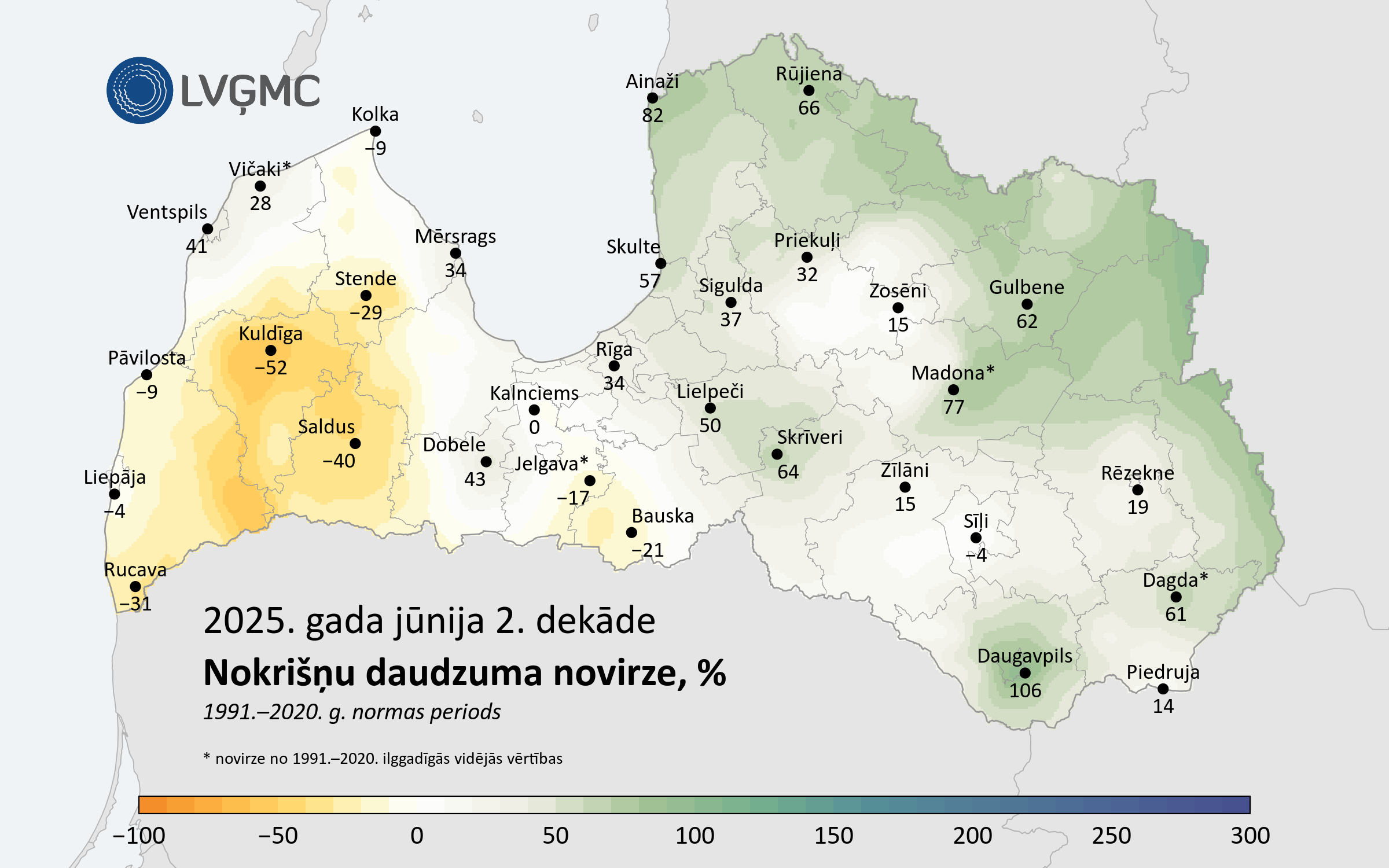 Nokrišņu daudzuma novirze no normas 2025. gada jūnija 2. dekādē, %