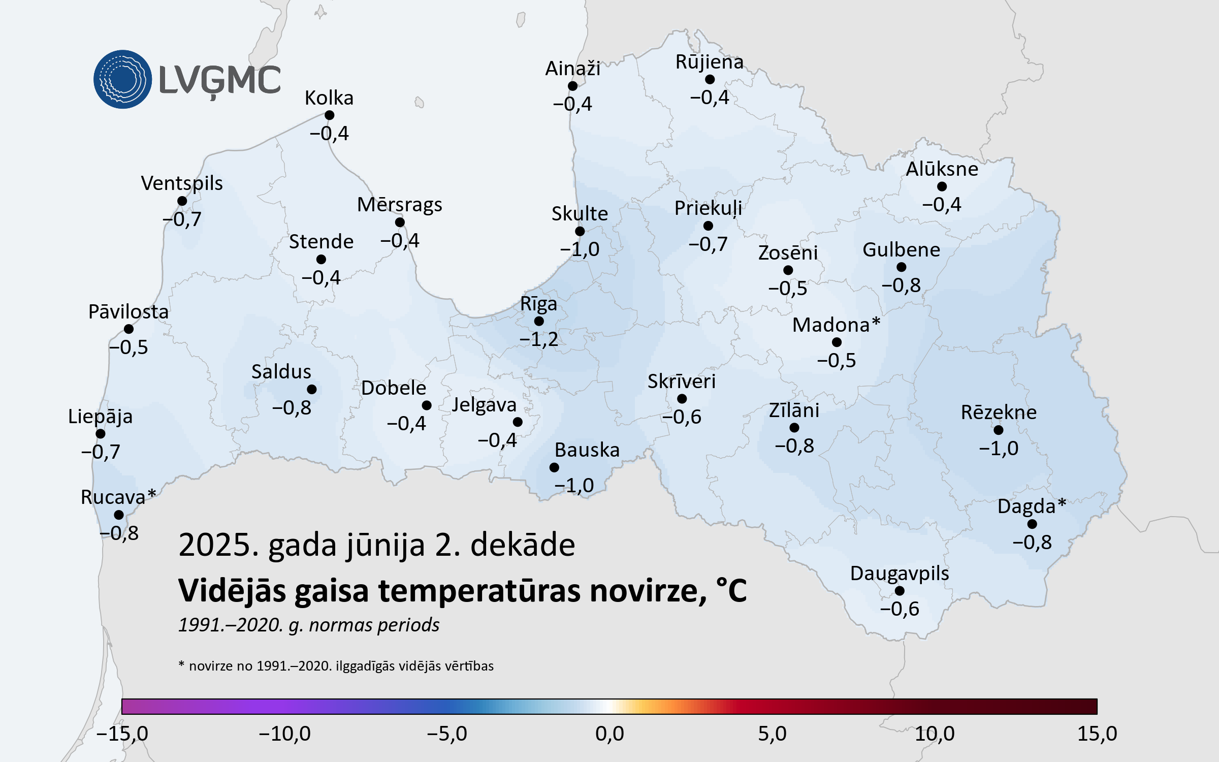 Vidējās gaisa temperatūras novirze no normas 2025. gada jūnija 2. dekādē, °C 