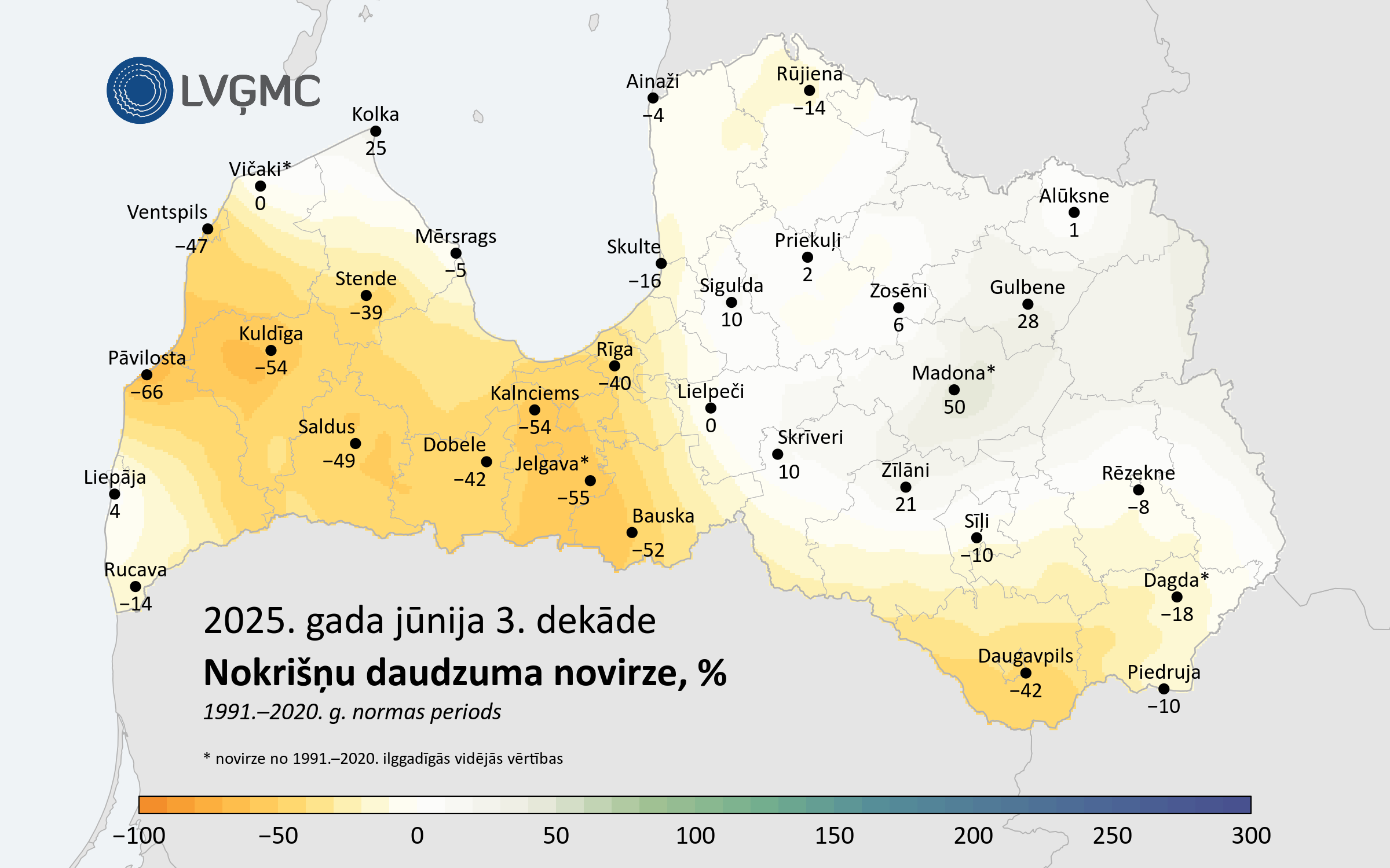 Nokrišņu daudzuma novirze no normas 2025. gada jūnija 3. dekādē, %