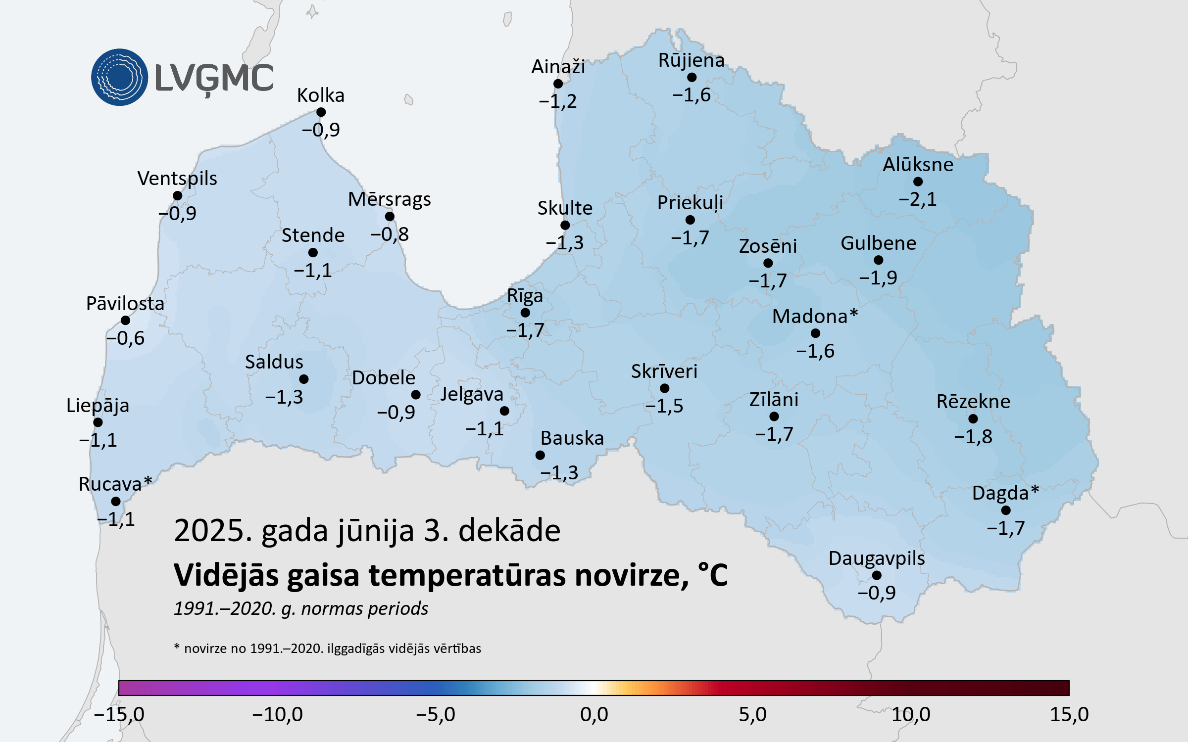 Vidējās gaisa temperatūras novirze no normas 2025. gada jūnija 3. dekādē, °C 