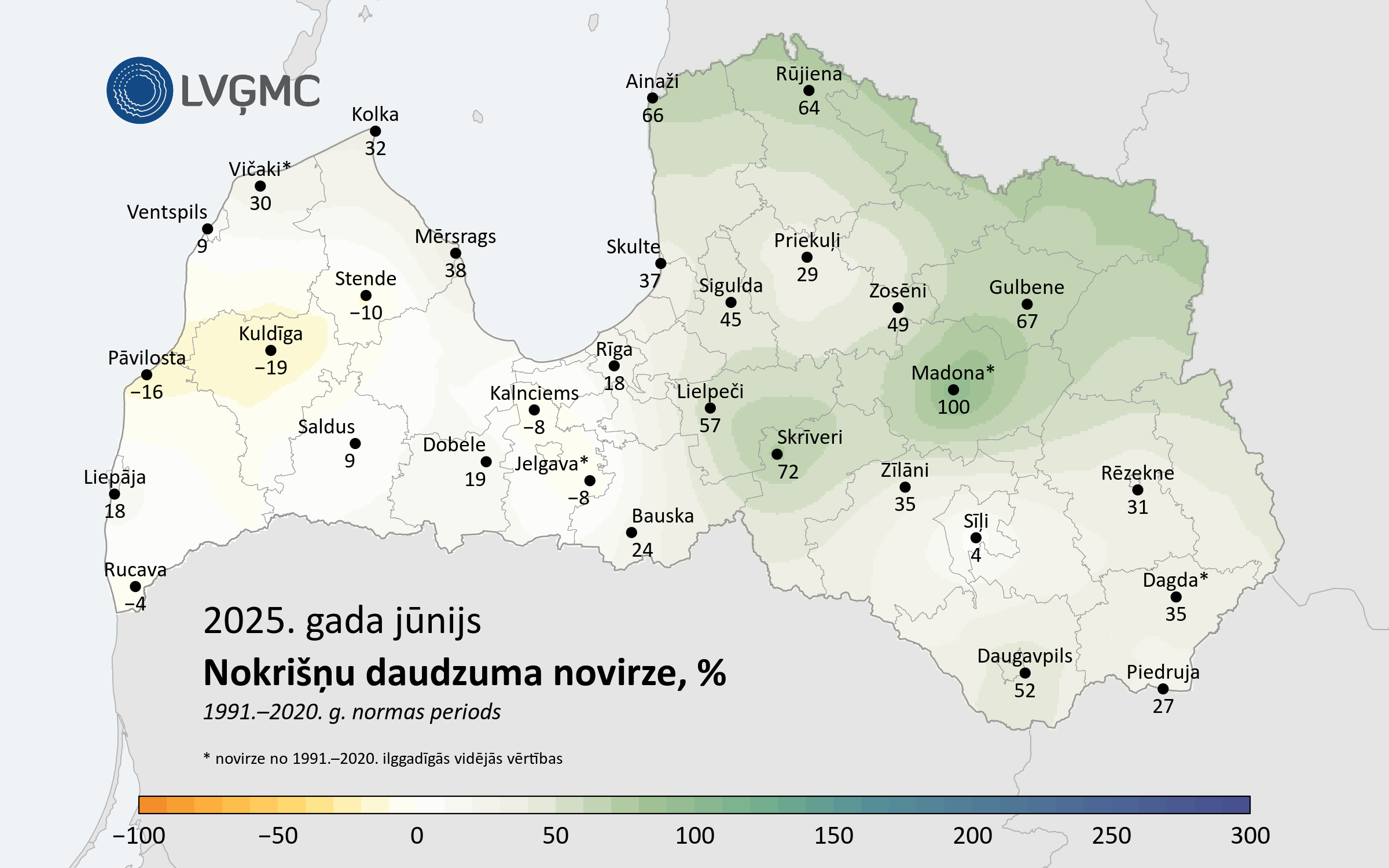 Nokrišņu daudzuma novirze no normas 2025. gada jūnijā, %