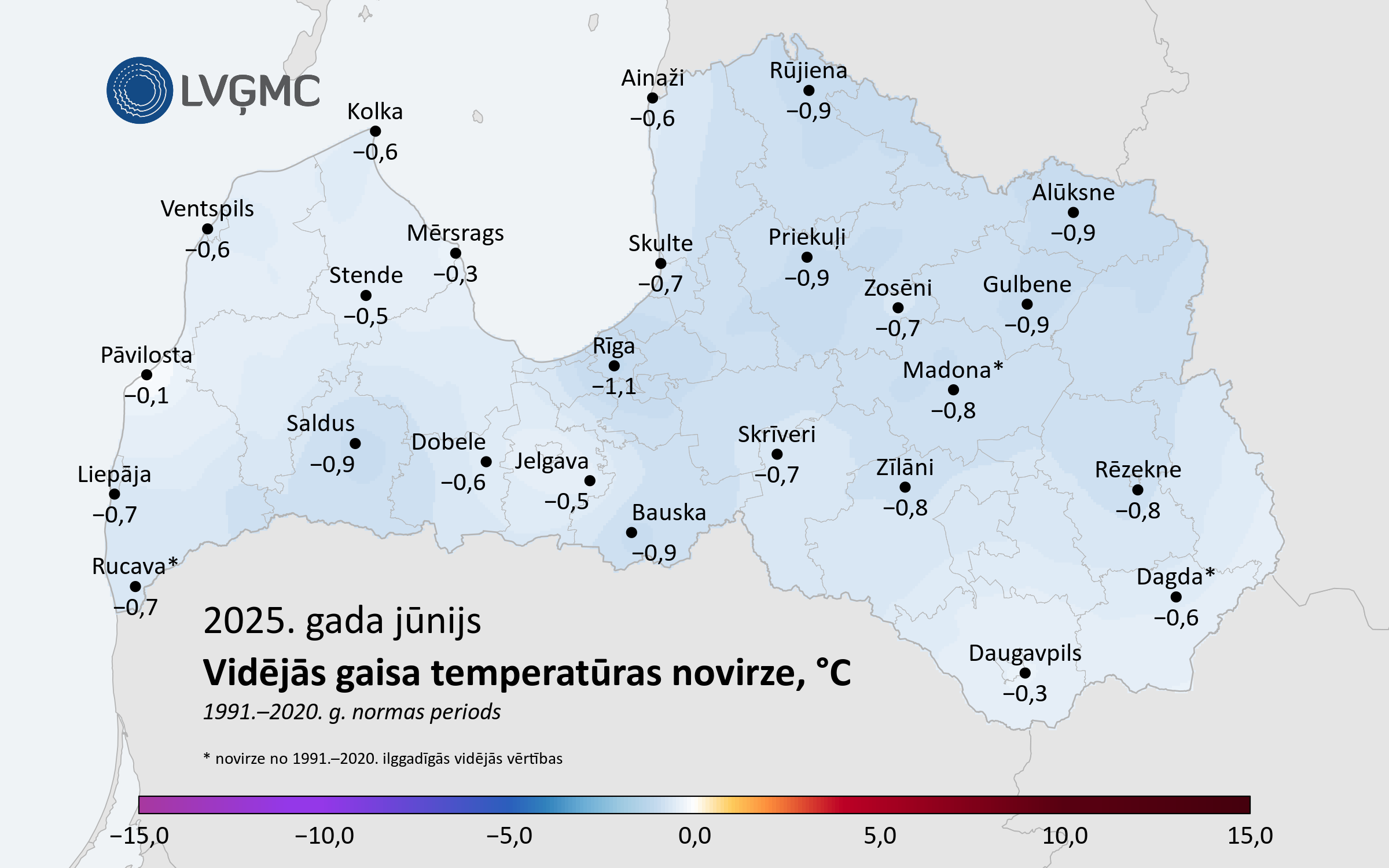 Vidējās gaisa temperatūras novirze no normas 2025. gada jūnijā, °C 