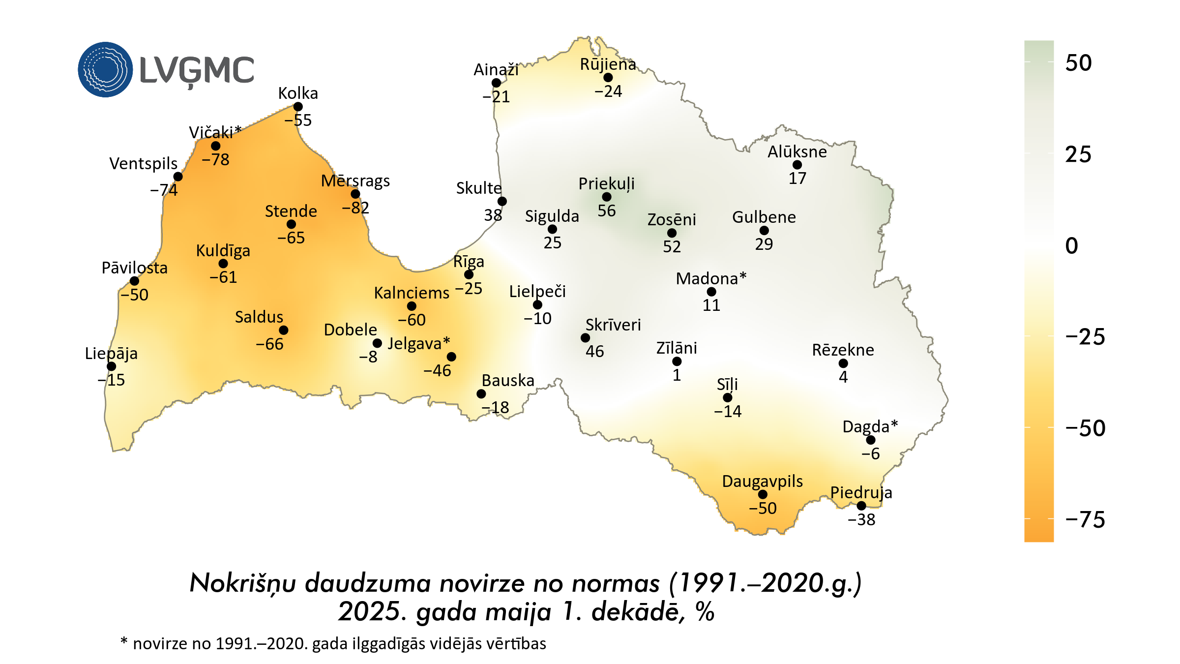 Nokrišņu daudzuma novirze no normas 2025. gada maija 1. dekādē, %