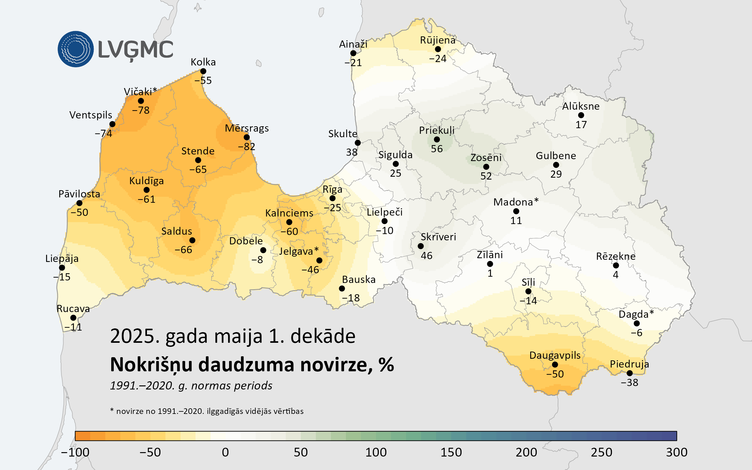 Nokrišņu daudzuma novirze no normas 2025. gada maija 1. dekādē, %