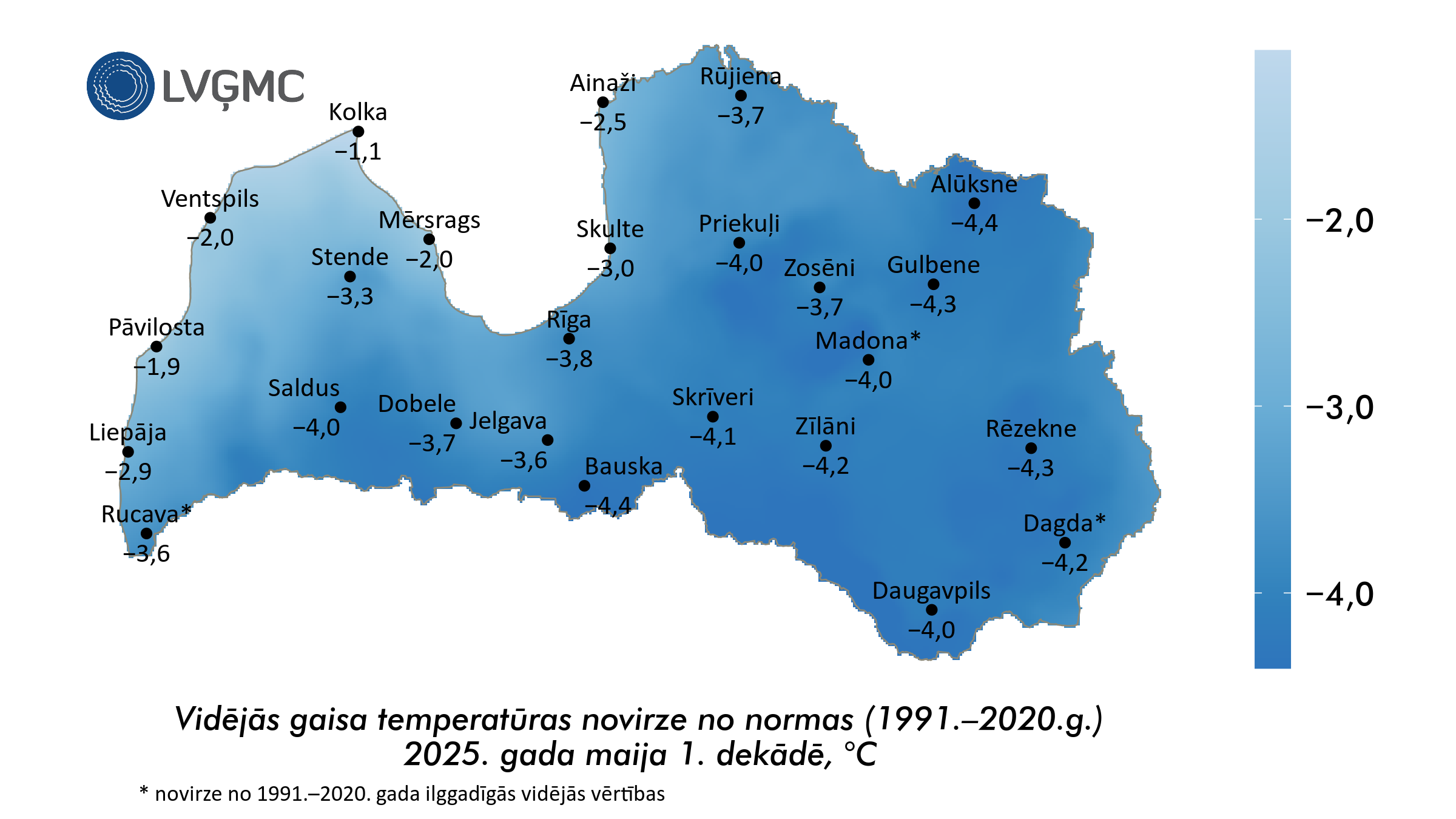 Vidējās gaisa temperatūras novirze no normas 2025. gada maija 1. dekādē, °C 
