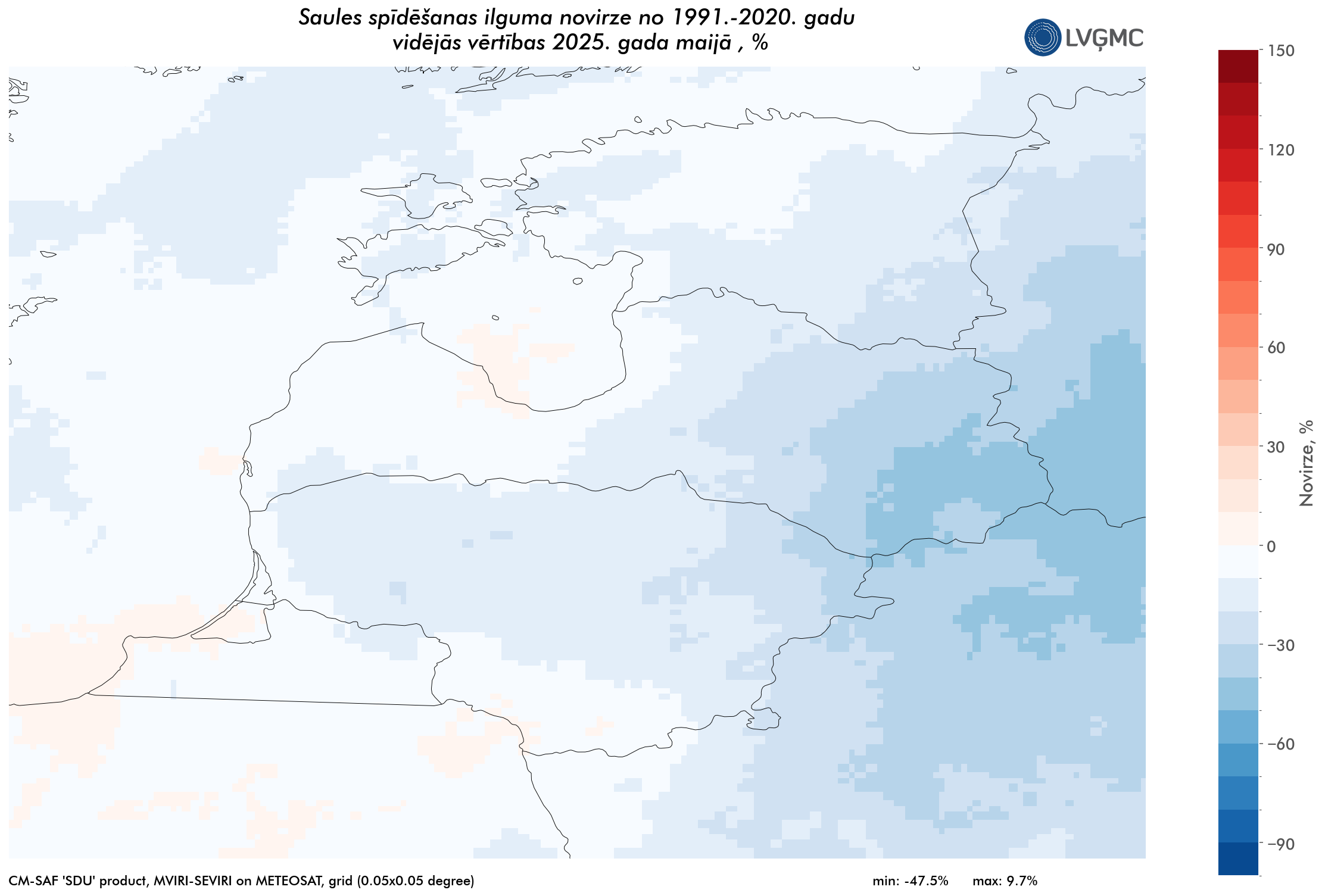 Saules spīdēšanas ilgums 2025. gada maijā
