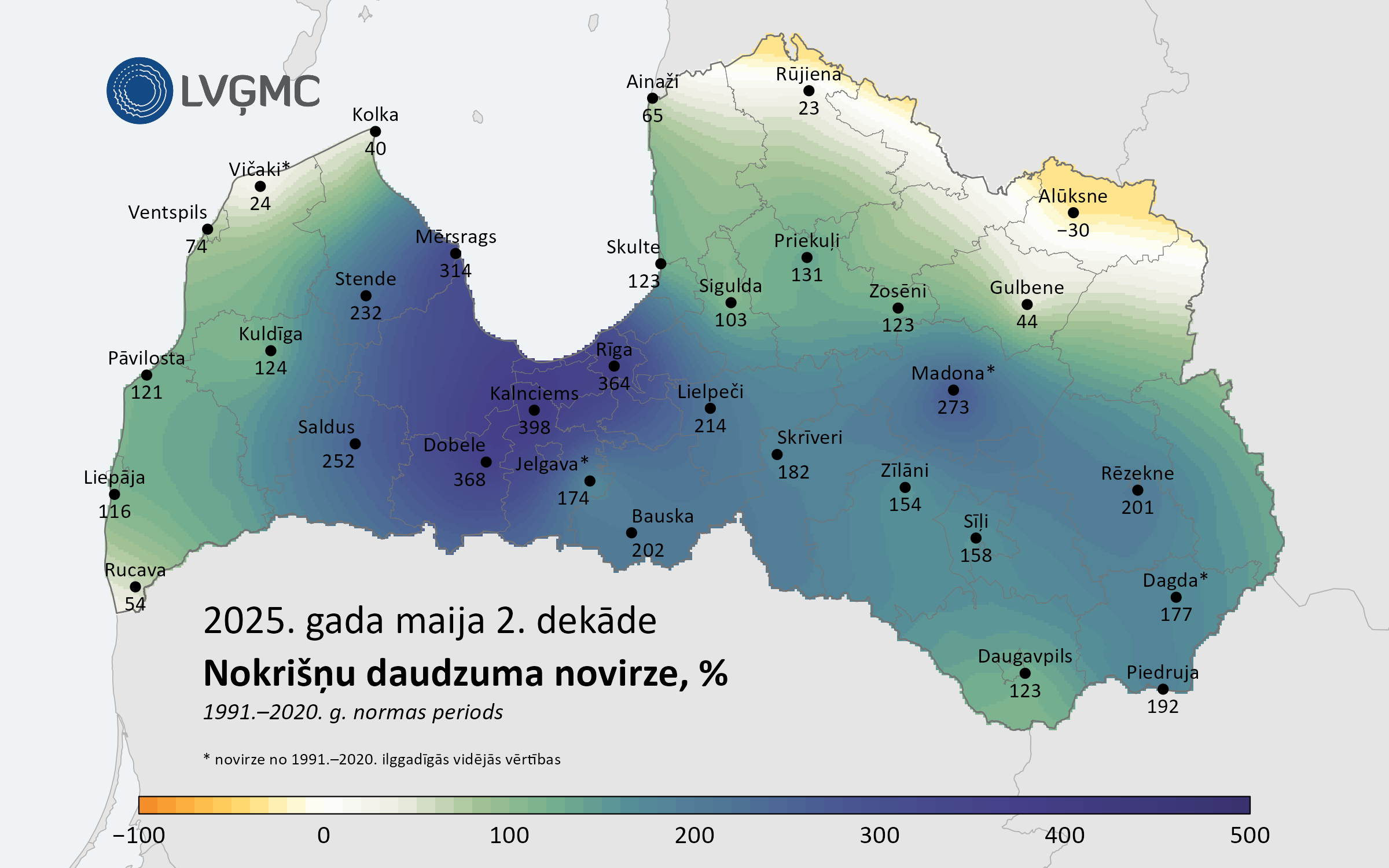 Nokrišņu daudzuma novirze no normas 2025. gada maija 2. dekādē, %