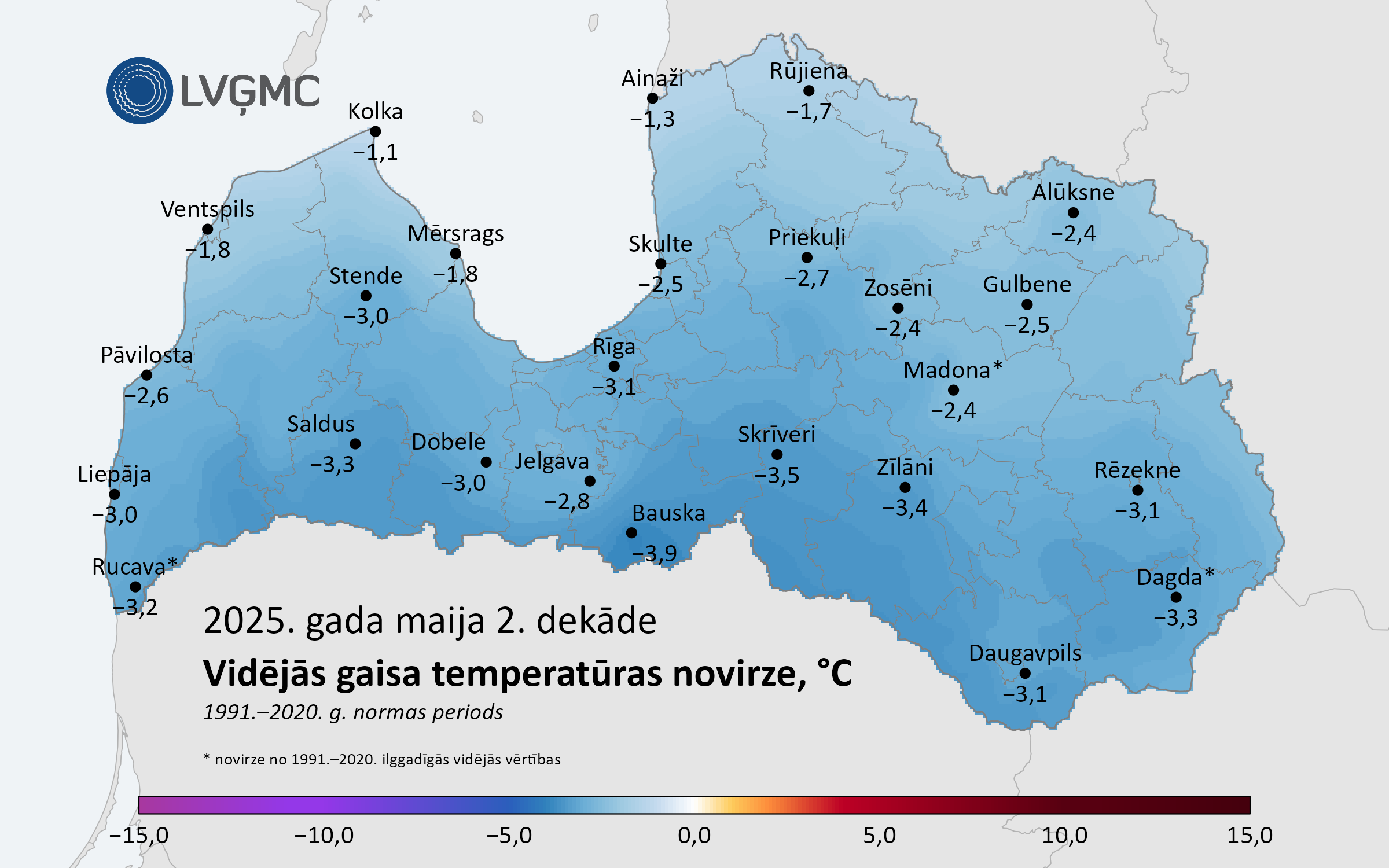 Vidējās gaisa temperatūras novirze no normas 2025. gada maija 2. dekādē, °C 