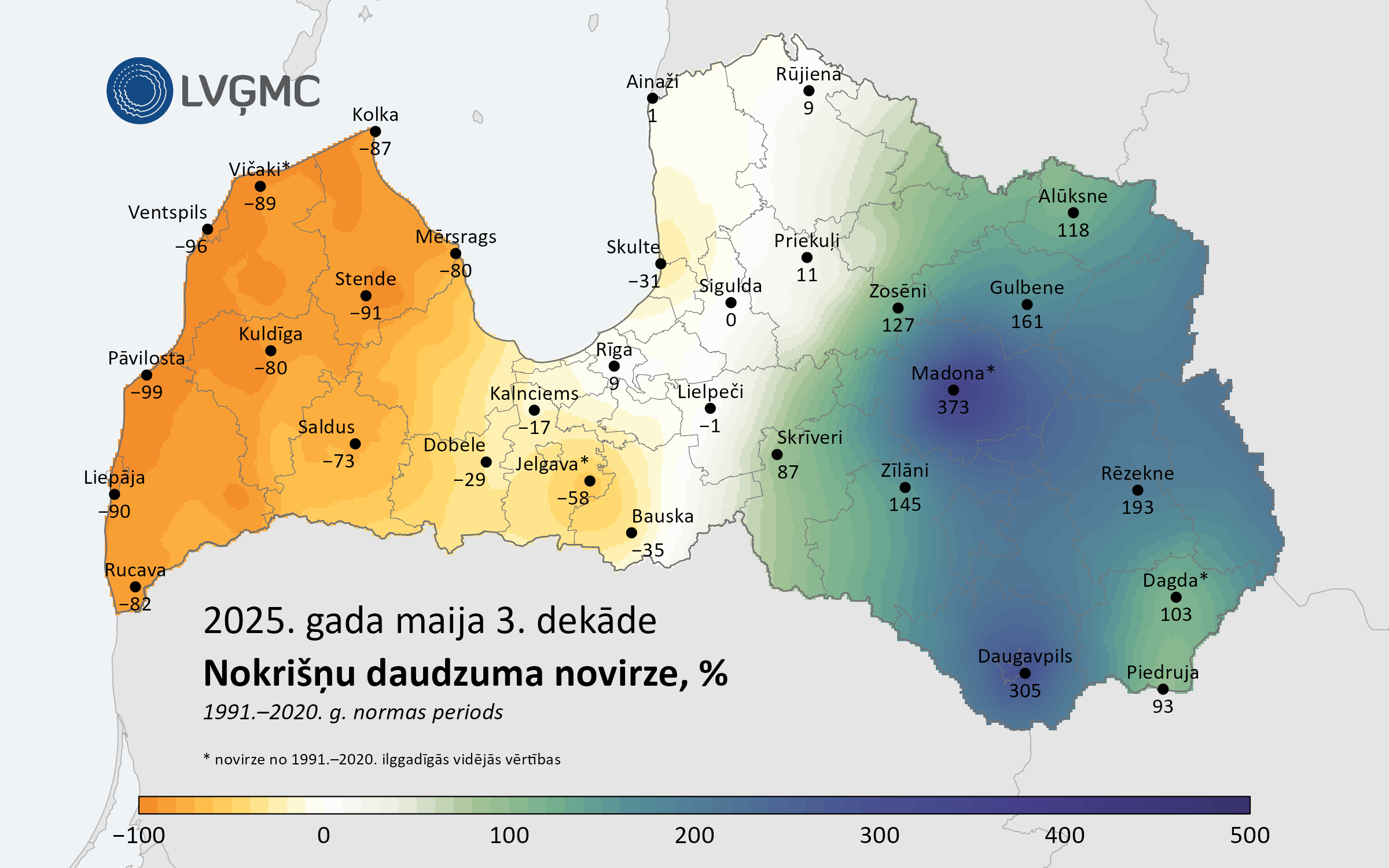 Nokrišņu daudzuma novirze no normas 2025. gada maija 3. dekādē, %