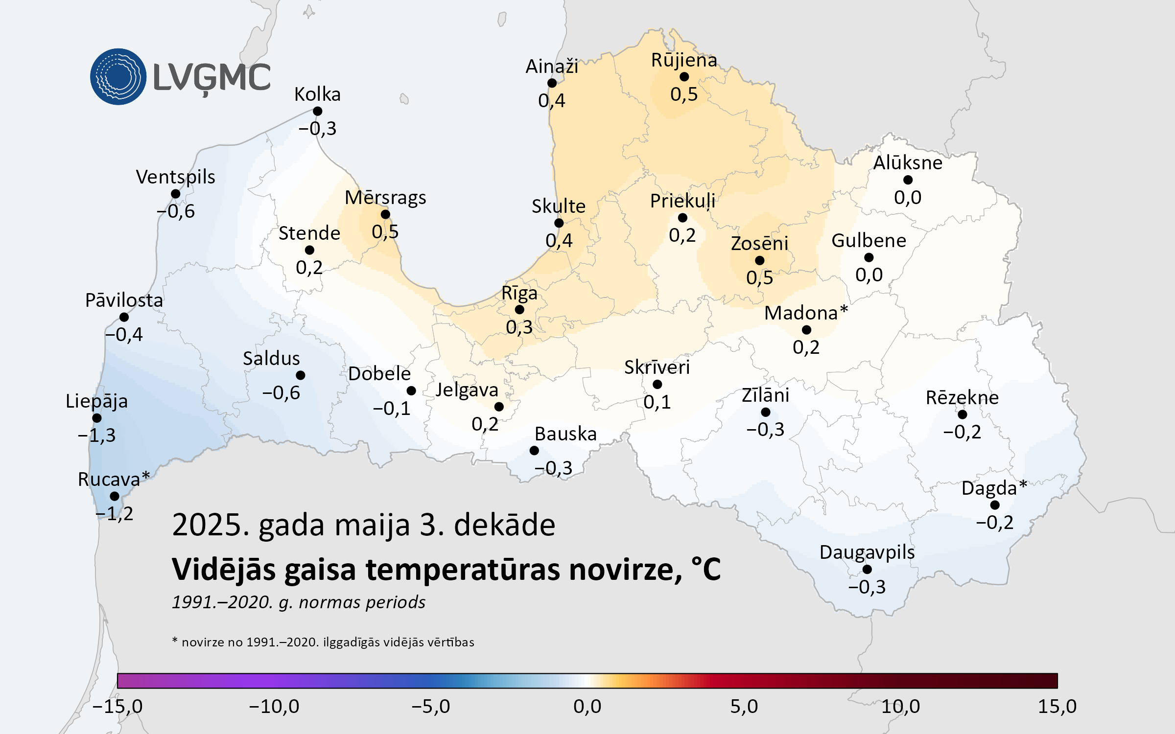 Vidējās gaisa temperatūras novirze no normas 2025. gada maija 3. dekādē, °C 