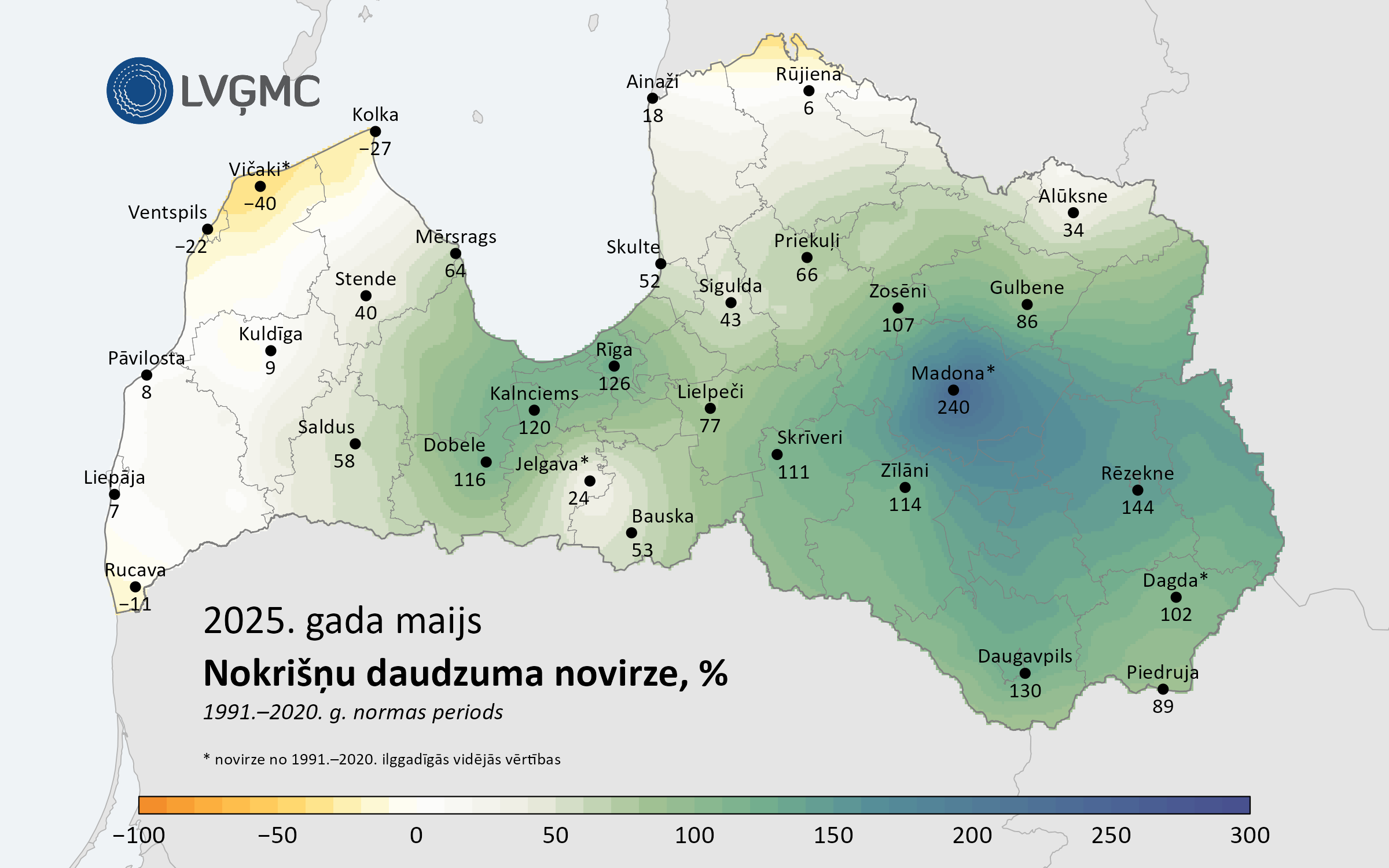 Nokrišņu daudzuma novirze no normas 2025. gada maijā, %