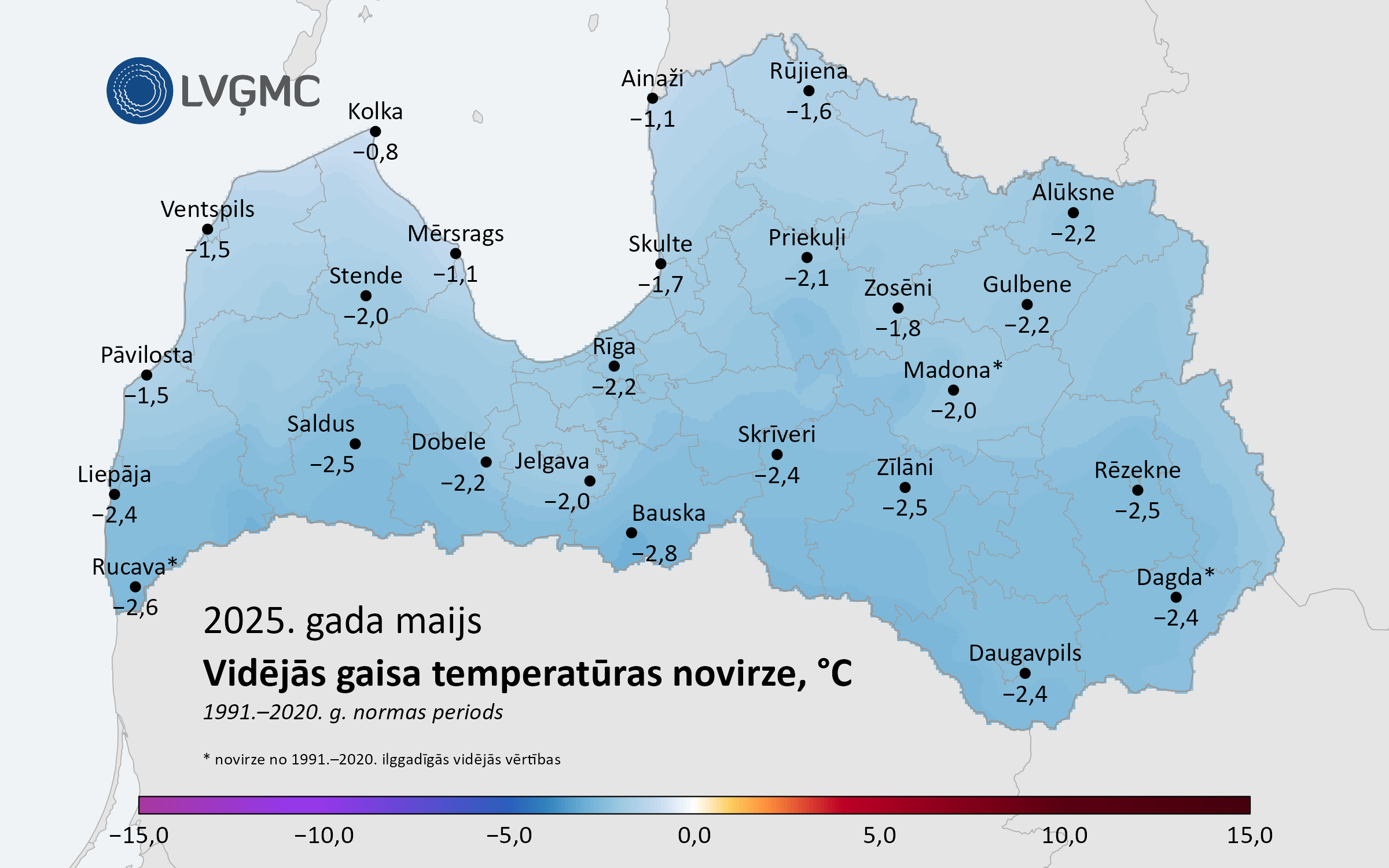 Vidējās gaisa temperatūras novirze no normas 2025. gada maijā, °C 