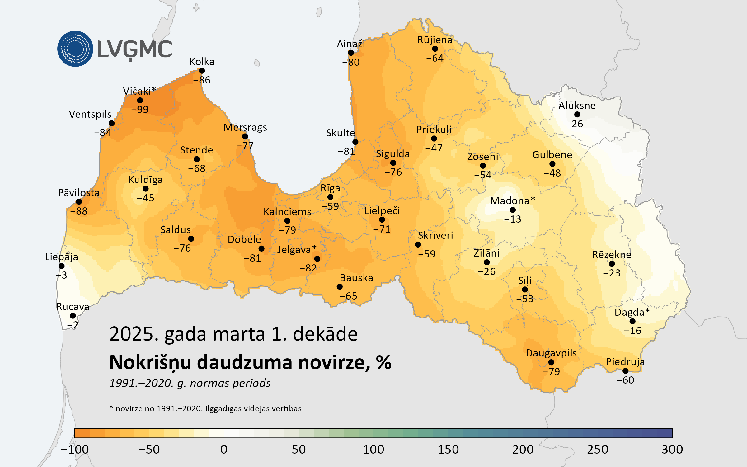 Nokrišņu daudzuma novirze no normas 2025. gada marta 1. dekādē, %