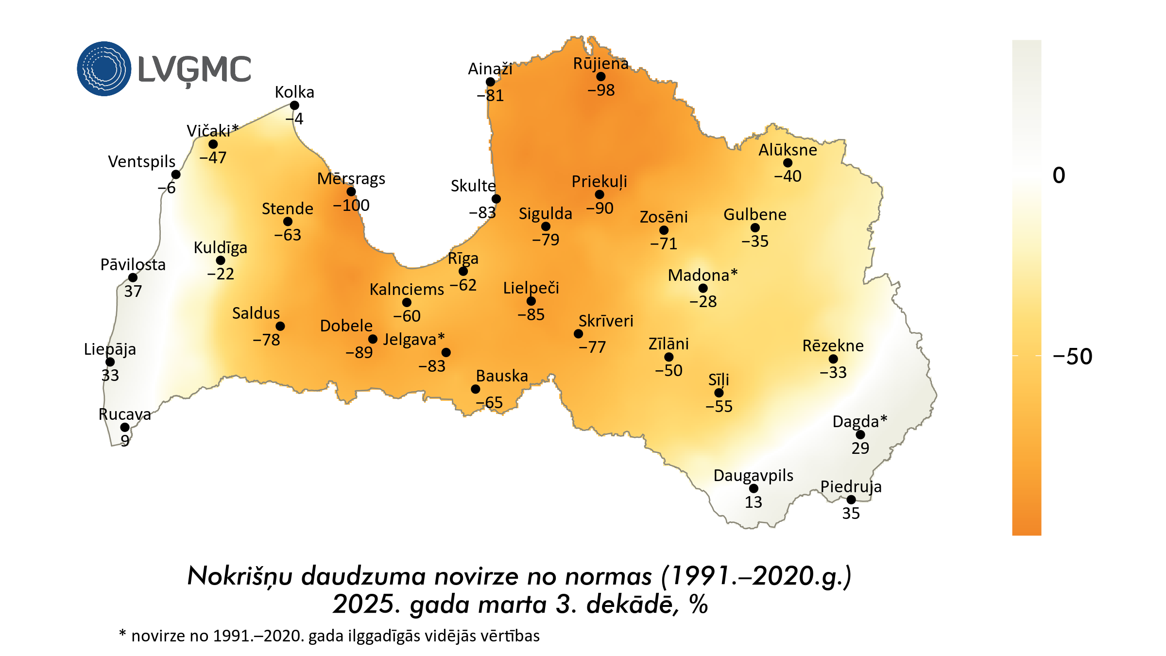 Nokrišņu daudzuma novirze no normas 2025. gada marta 3. dekādē, %