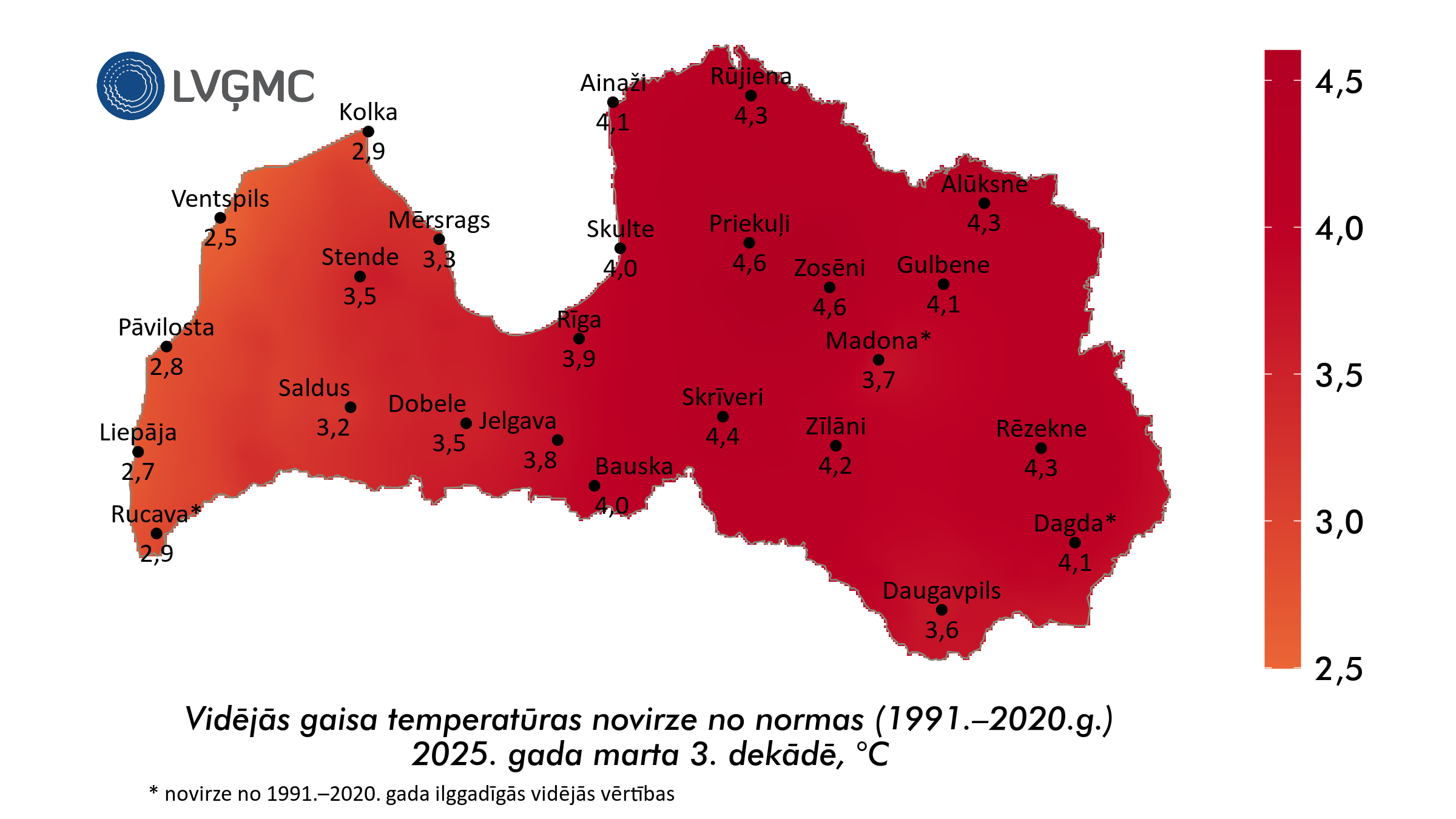 Vidējās gaisa temperatūras novirze no normas 2025. gada marta 3. dekādē, °C 