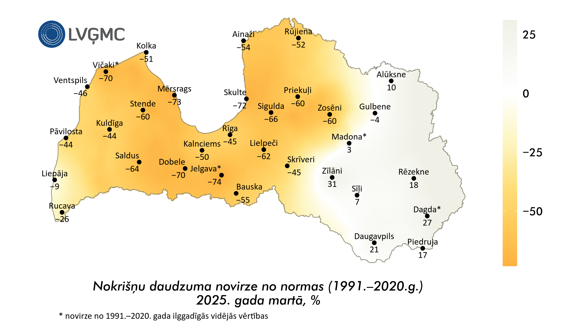 Nokrišņu daudzuma novirze no normas 2025. gada martā, %