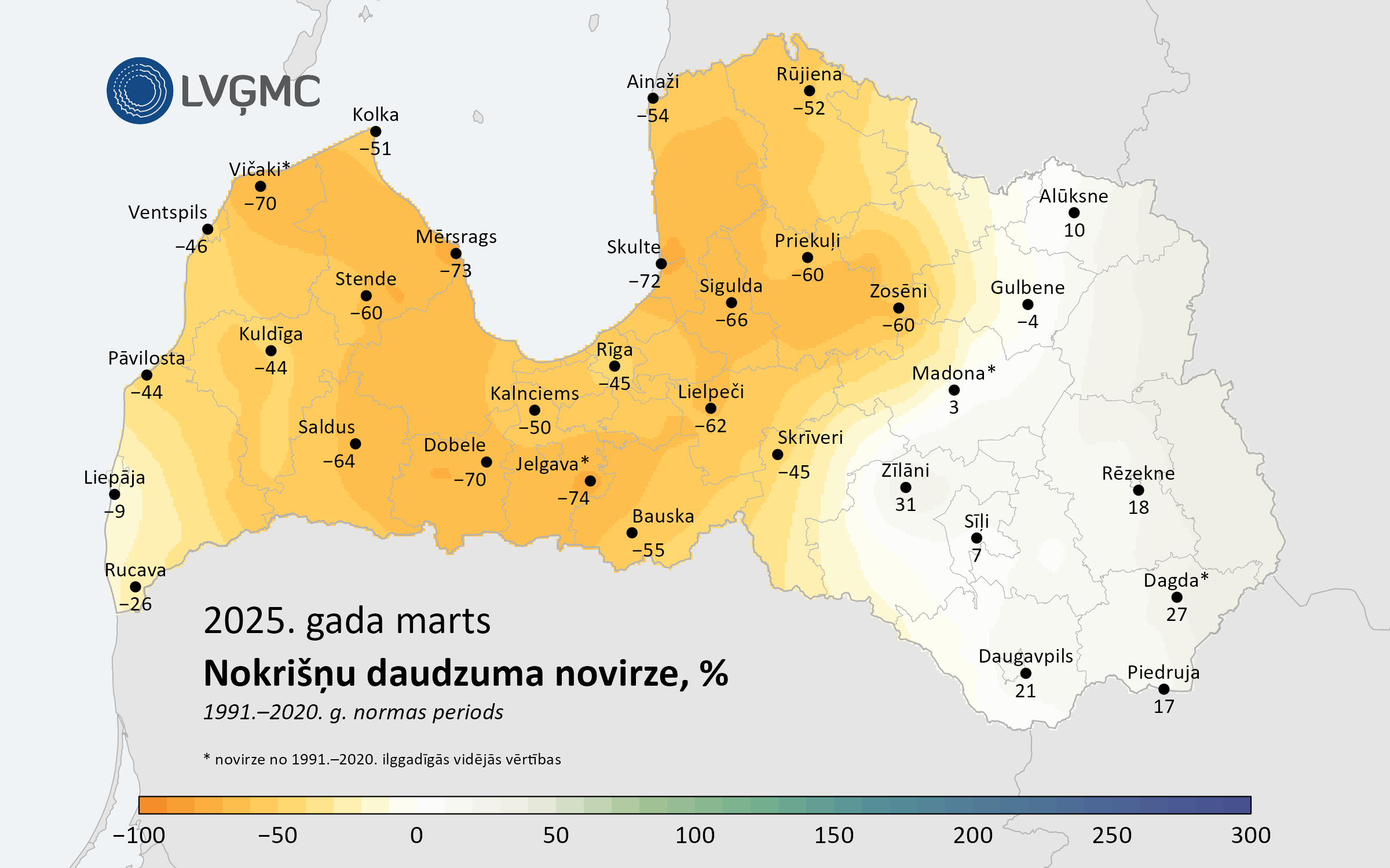 Nokrišņu daudzuma novirze no normas 2025. gada martā, %
