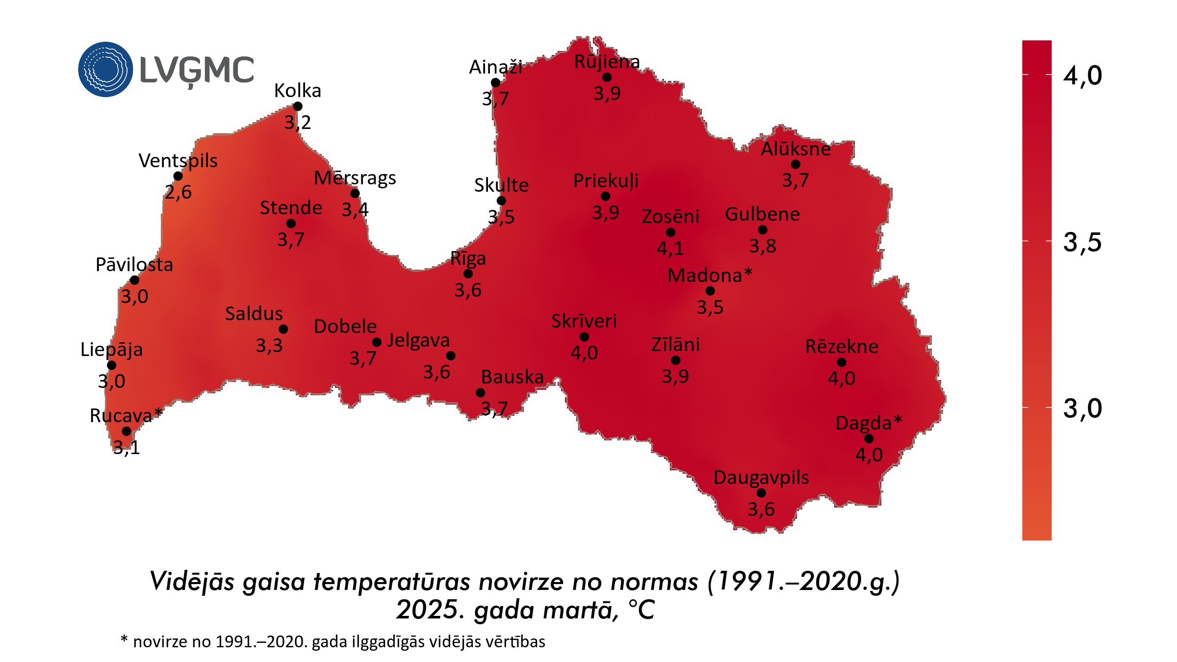 Vidējās gaisa temperatūras novirze no normas 2025. gada martā, °C 