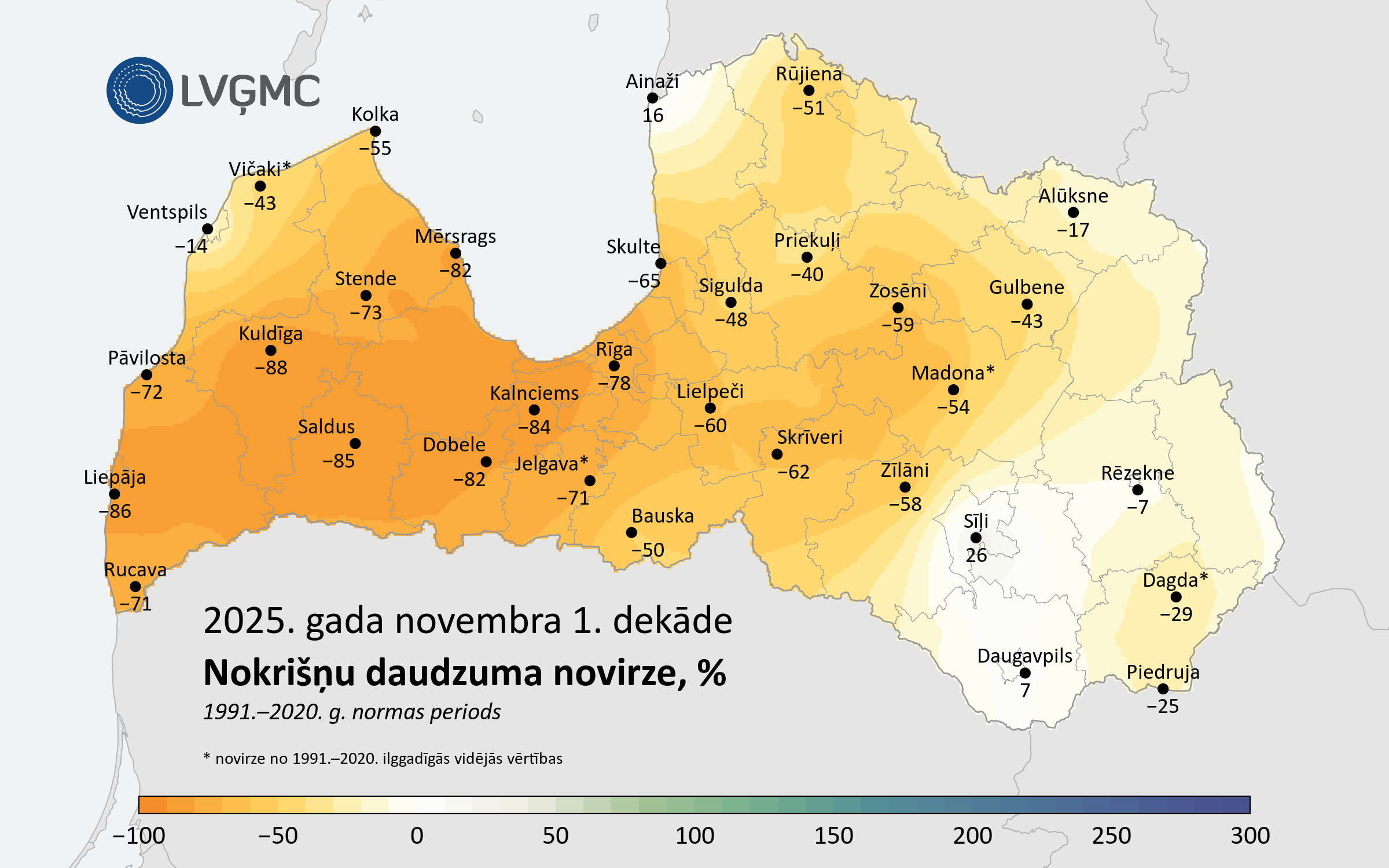 Nokrišņu daudzuma novirze no normas 2025. gada novembra 1. dekādē, %