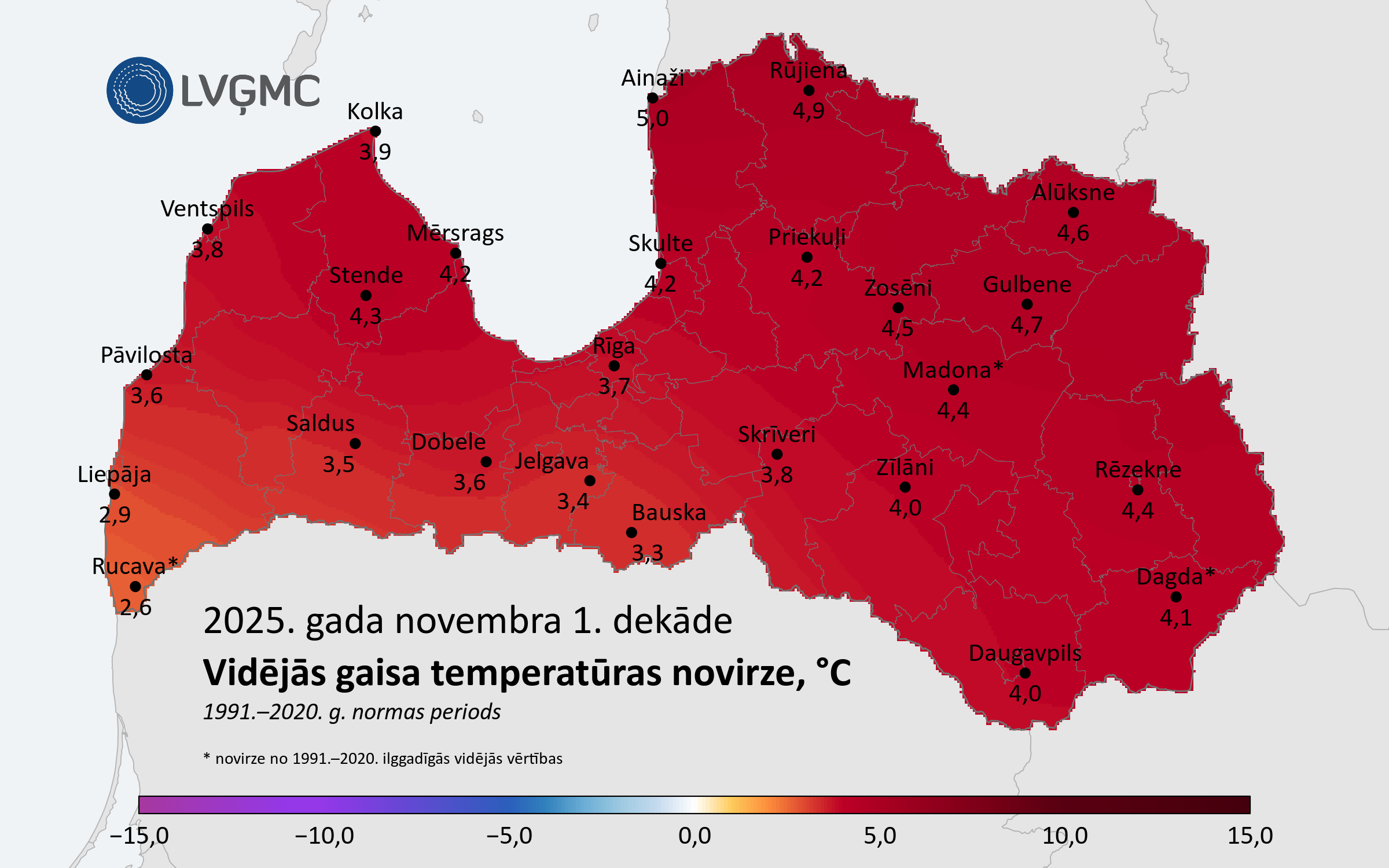 Vidējās gaisa temperatūras novirze no normas 2025. gada novembra 1. dekādē, °C 