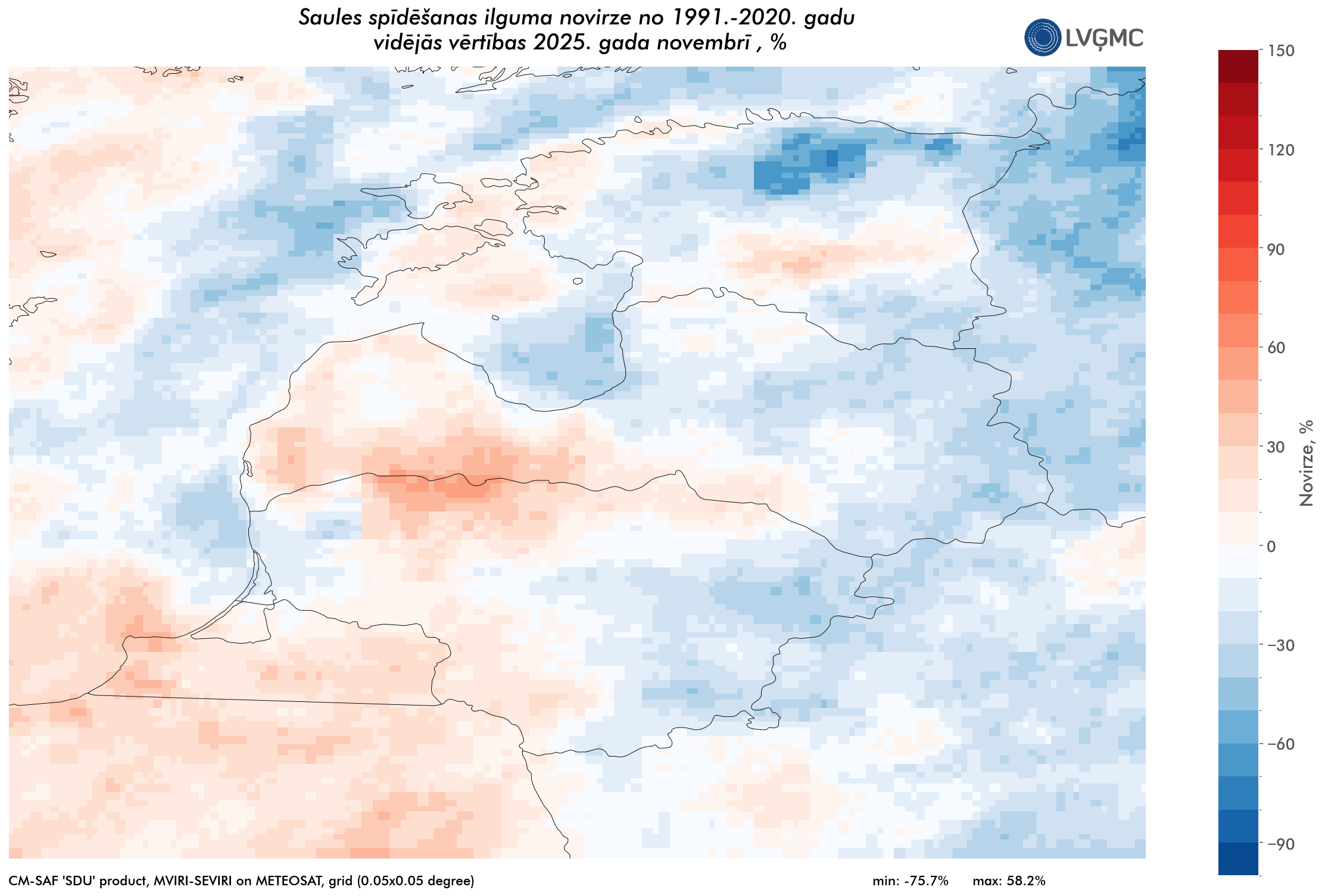 Saules spīdēšanas ilgums 2025. gada novembrī