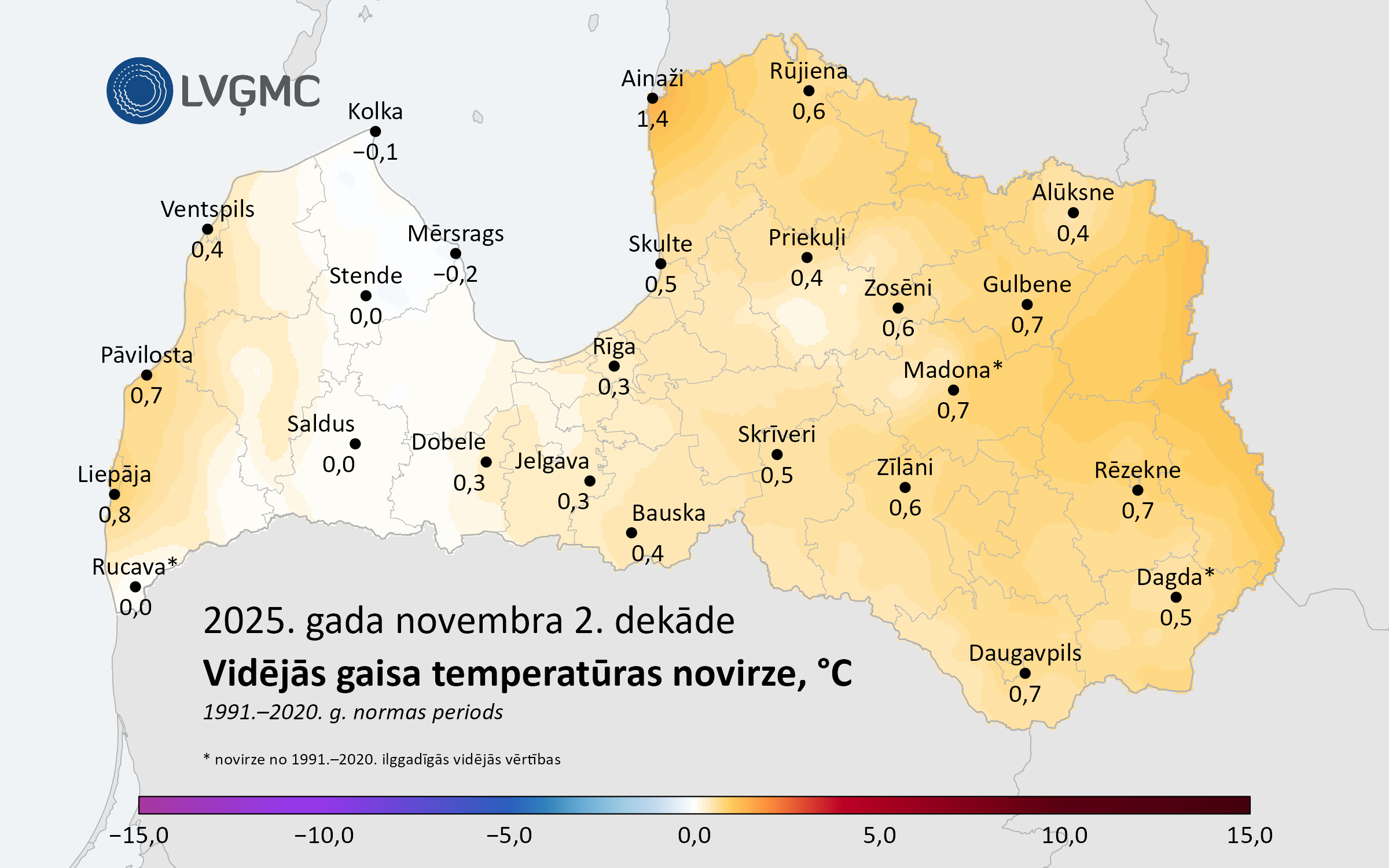Vidējās gaisa temperatūras novirze no normas 2025. gada novembra 2. dekādē, °C 
