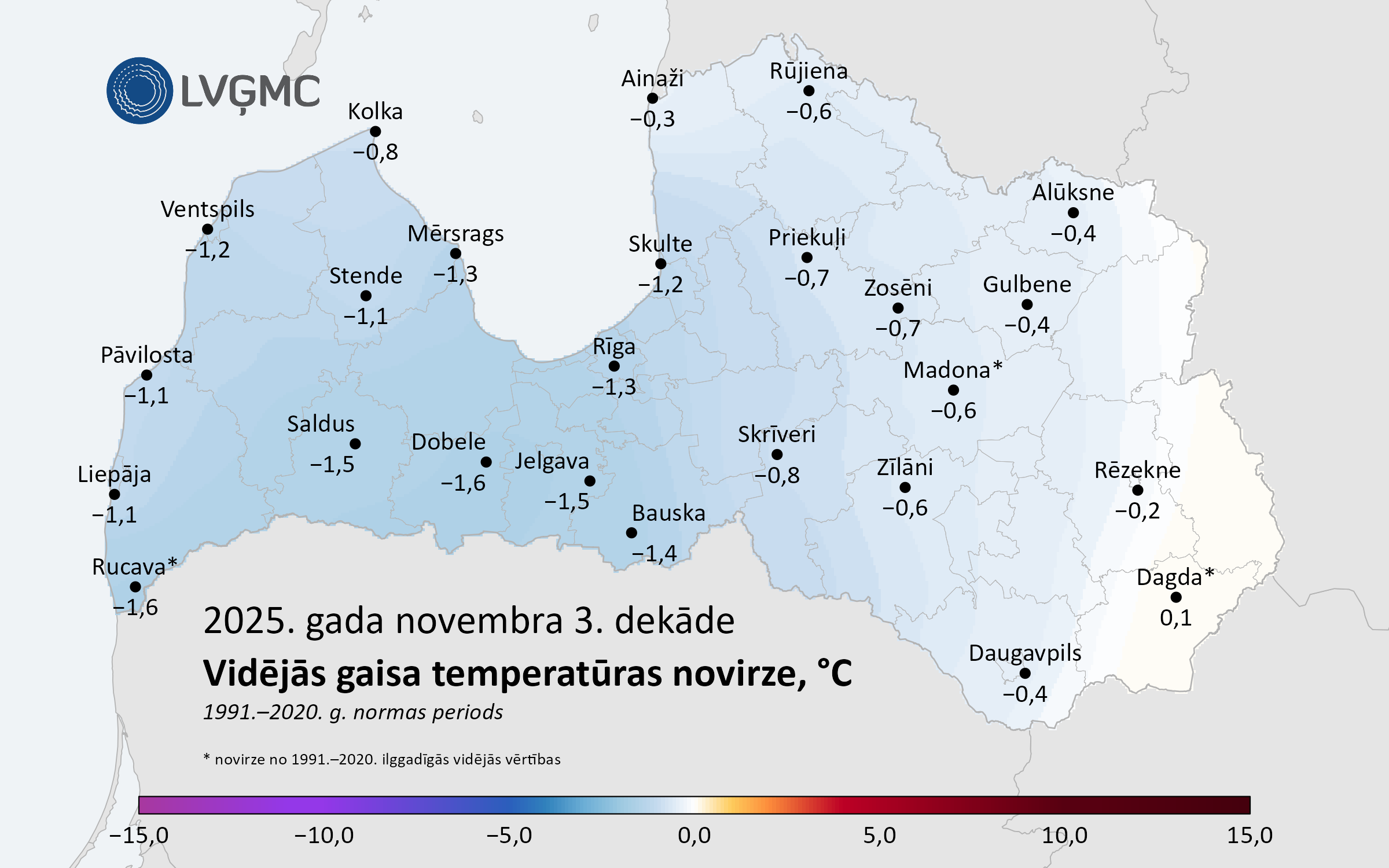Vidējās gaisa temperatūras novirze no normas 2025. gada novembra 3. dekādē, °C 