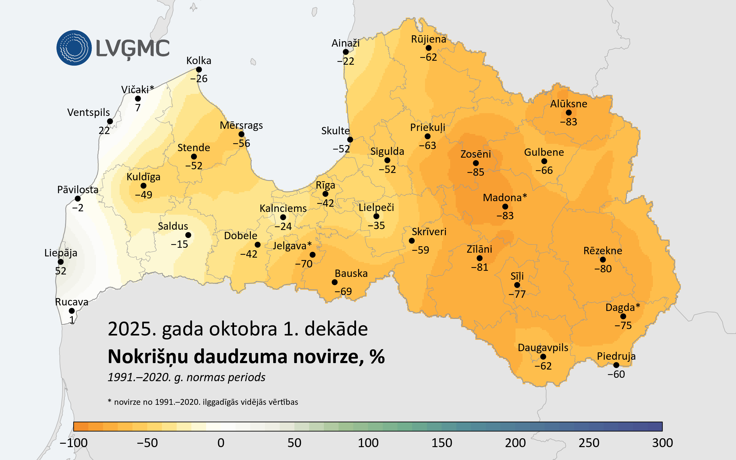 Nokrišņu daudzuma novirze no normas 2025. gada oktobra 1. dekādē, %